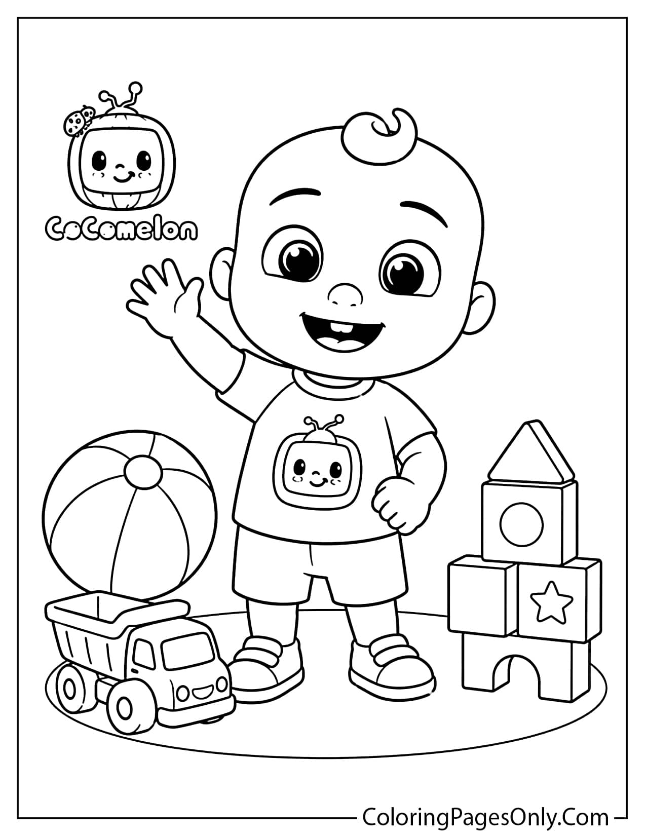 Easy Cocomelon coloring page for toddlers featuring JJ with simple toys, big outlines, and large coloring areas from Cocomelon