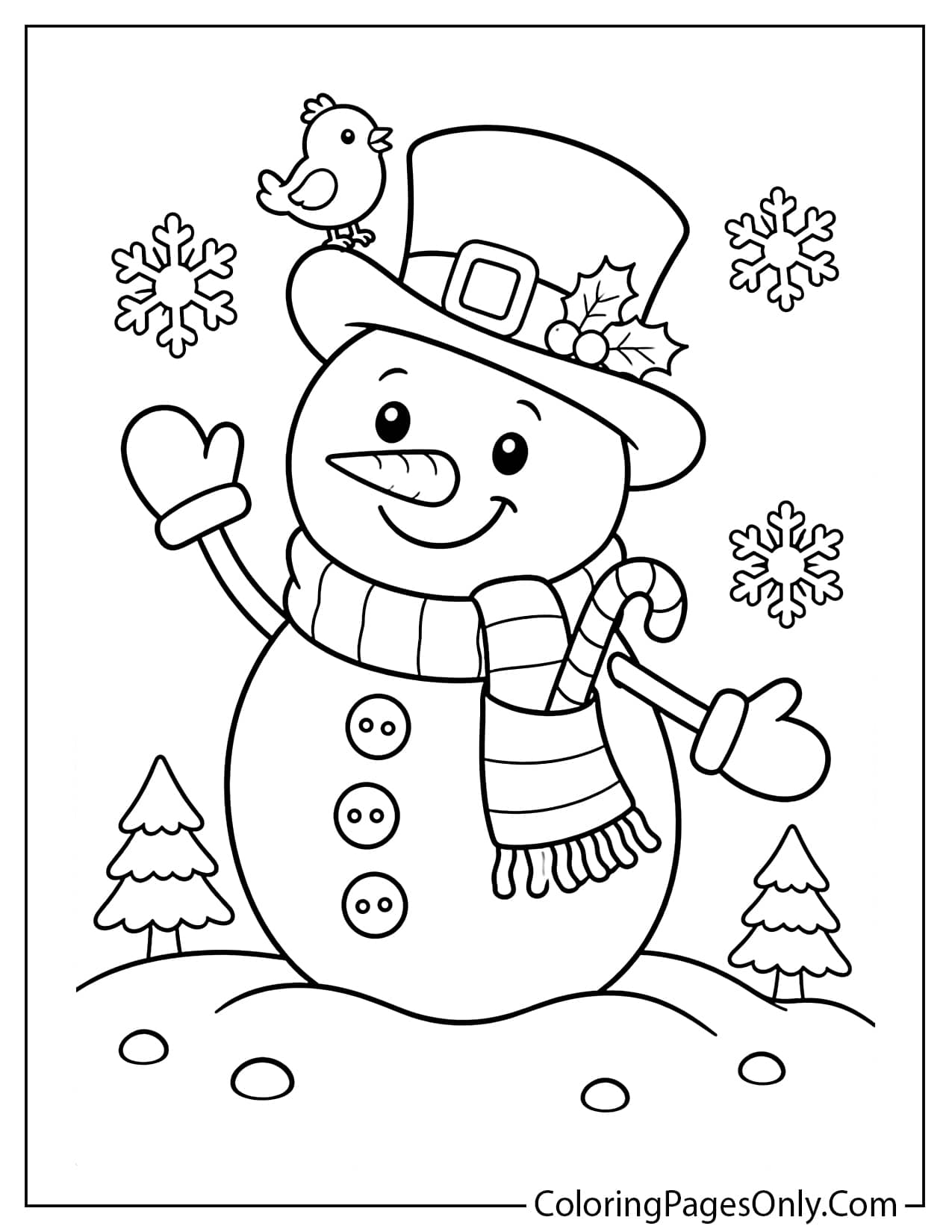 Easy Snowman Coloring Page For Preschoolers With A Smiling Snowman And Snowflakes from Snowman
