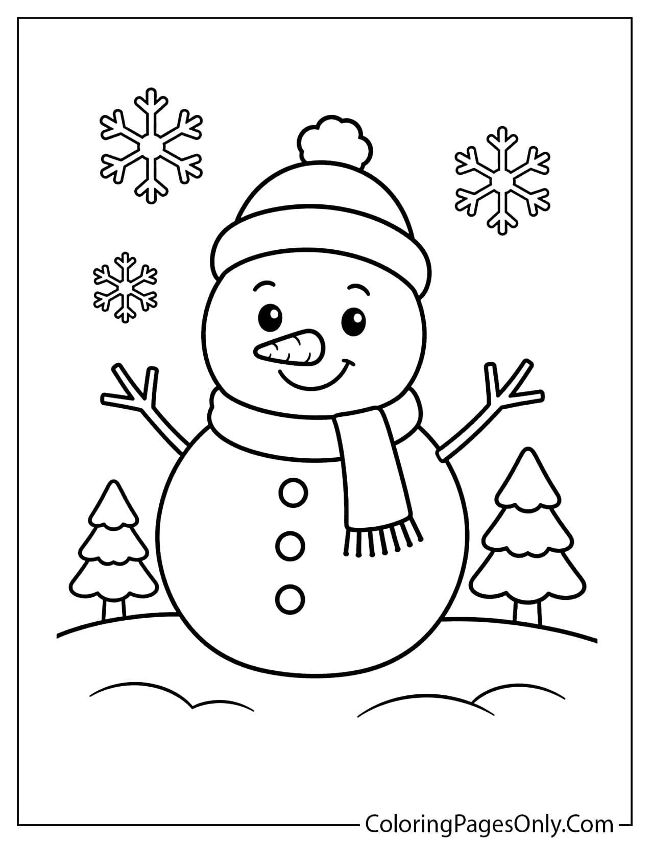 Easy Winter Scene With A Snowman, Pine Tree, And Falling Snow Coloring Page For Preschoolers from Winter