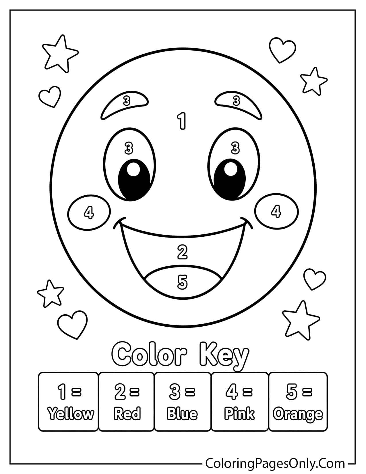 Emoji color by number coloring page with numbered sections and a happy face from Emoji