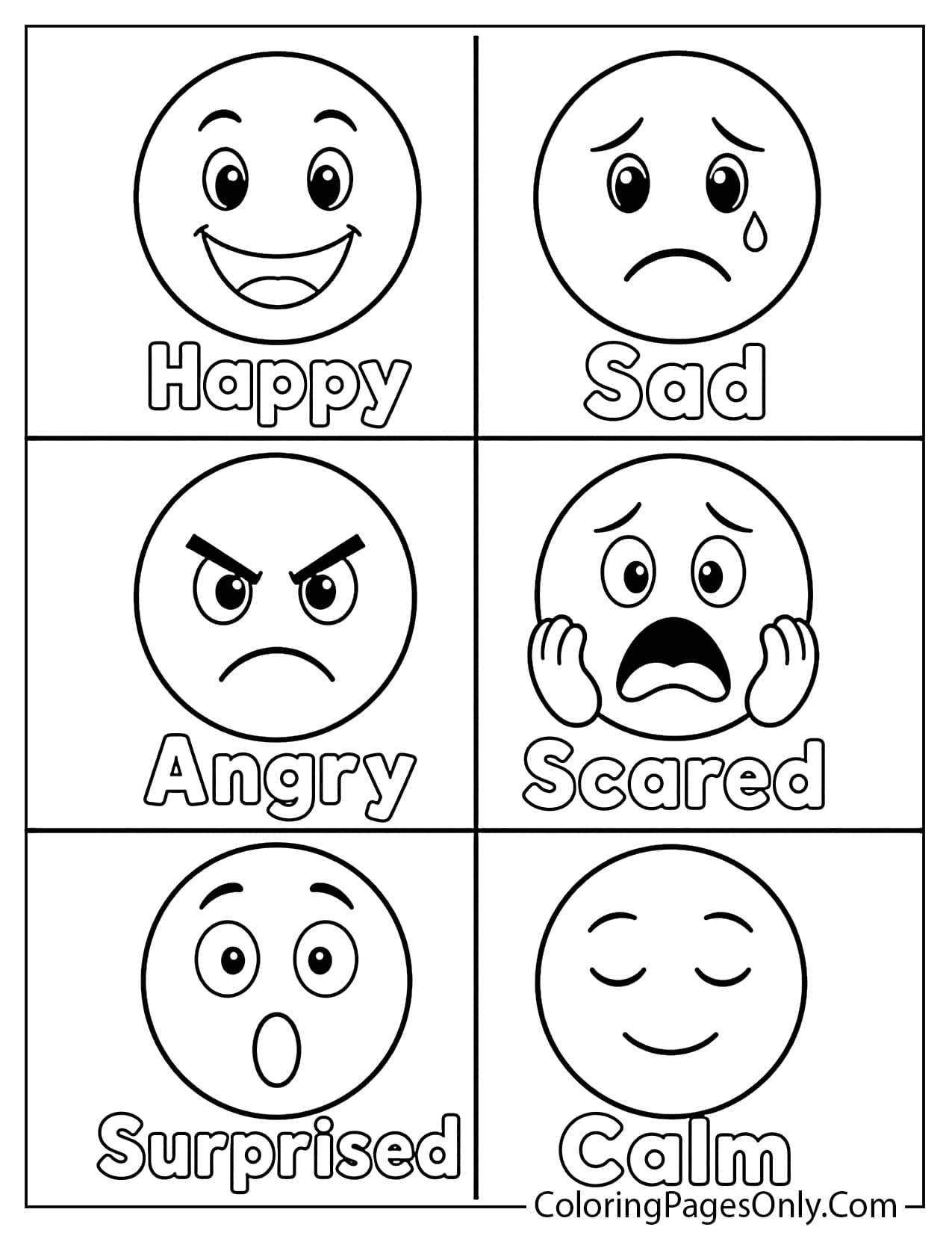 Emoji feelings worksheet coloring page with happy, sad, angry, and scared faces from Emoji