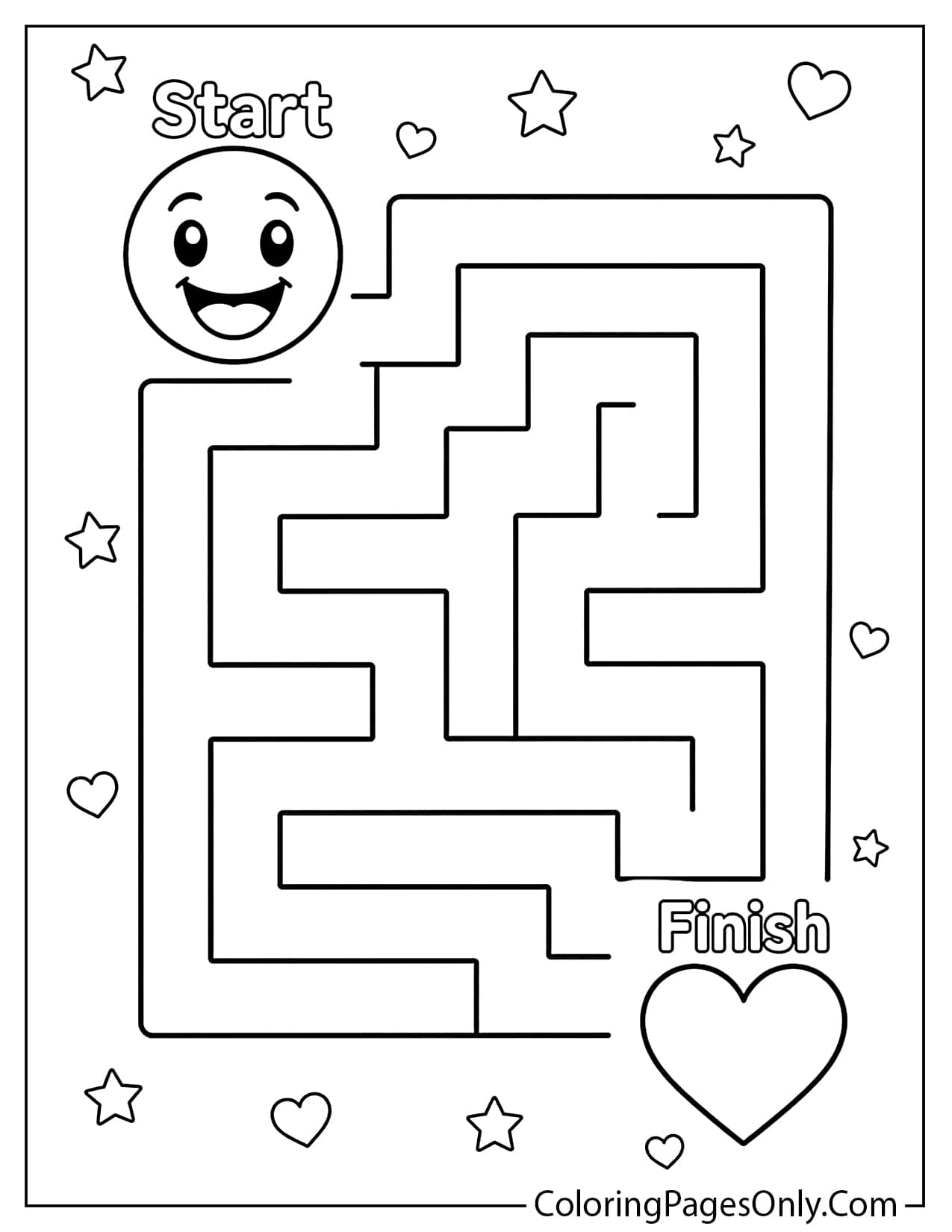 Emoji maze coloring page with a happy emoji finding a heart from Emoji