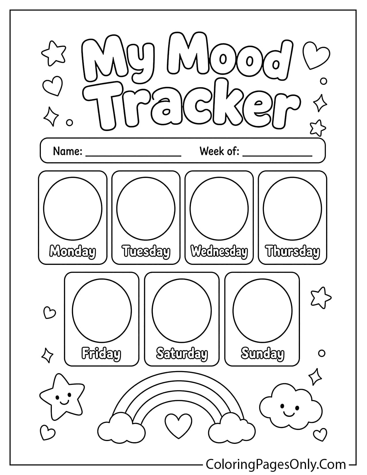 Emoji mood tracker coloring page with daily emoji faces for kids from Emoji