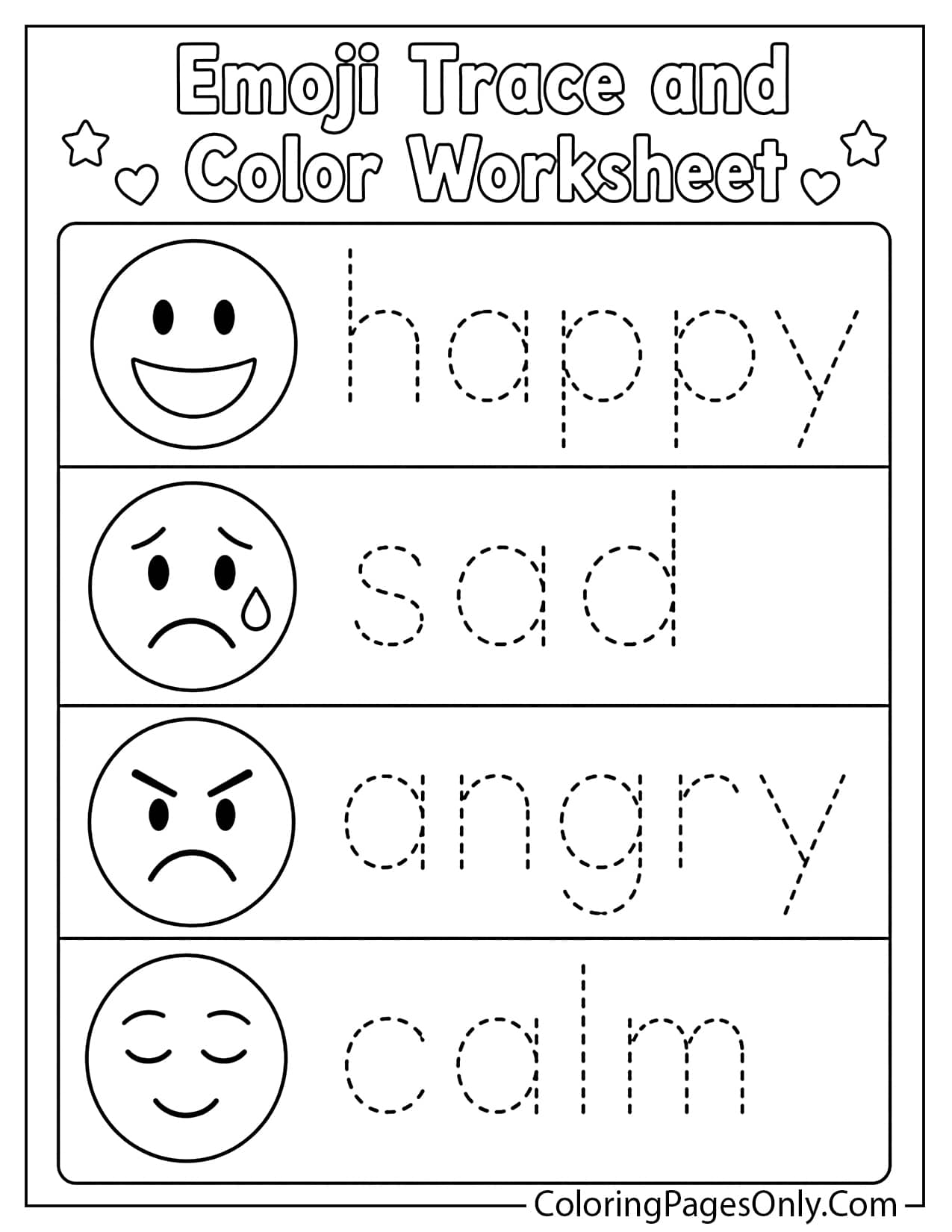 Emoji trace and color worksheet with emotion words and simple emoji faces from Emoji