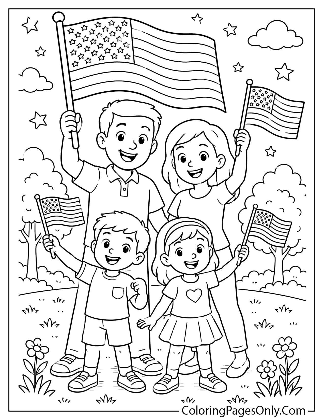 Family waving American flags coloring page for patriotic holidays from American Flag