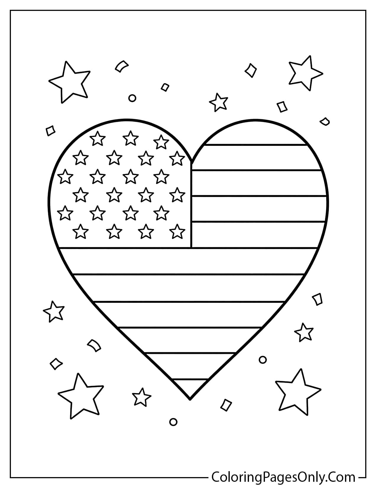 Heart shape filled with American flag stars and stripes pattern for Flag Day coloring page from Flag Day