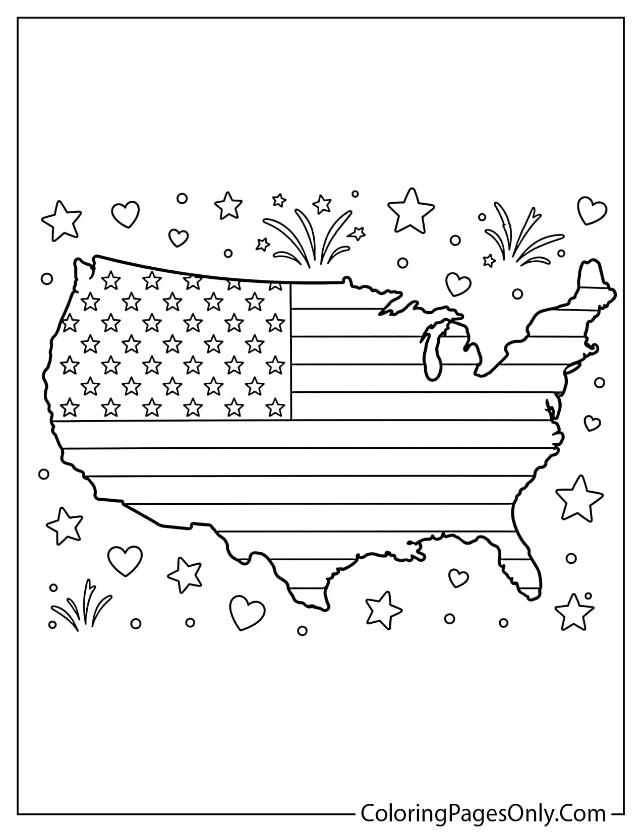 American flag design overlaid on United States map silhouette for Flag Day coloring page from Flag Day