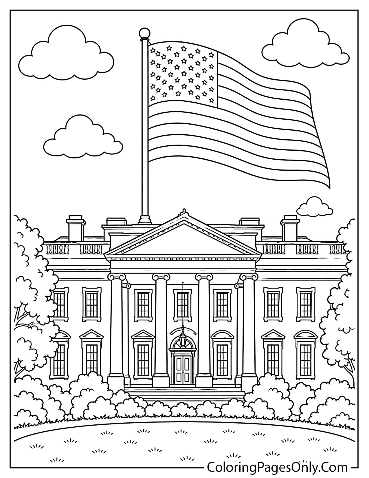 American flag flying over the White House for Flag Day coloring page from Flag Day