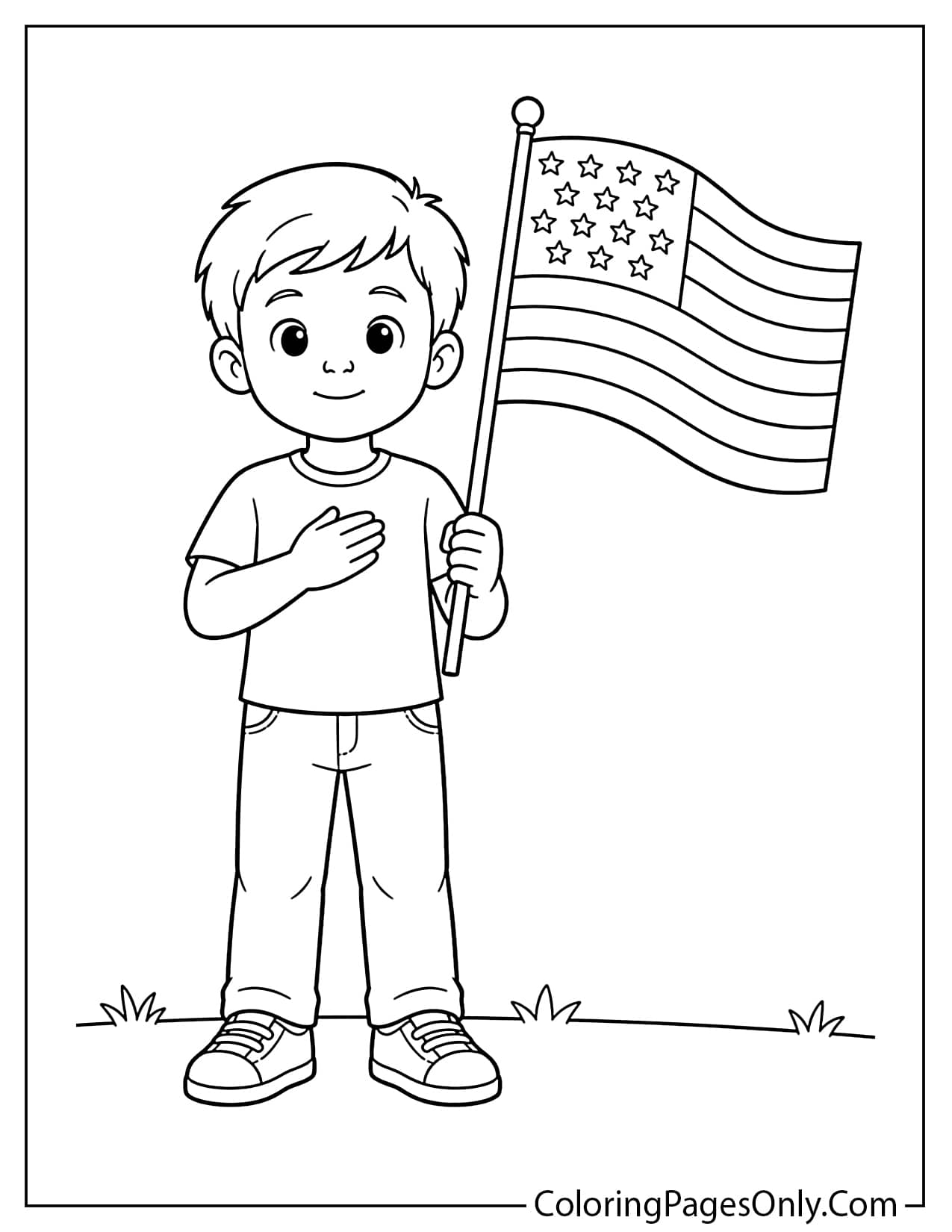 Young boy holding American flag with hand on heart in Pledge of Allegiance pose for Flag Day coloring page from Flag Day