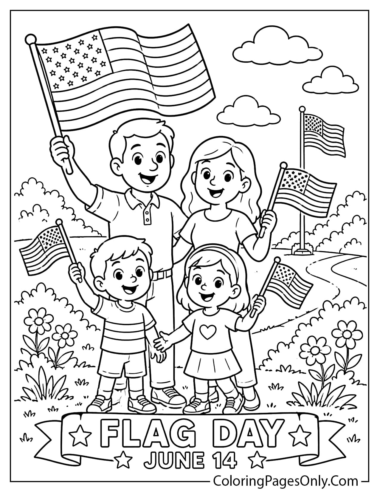 Happy family waving American flags together for Flag Day coloring page from Flag Day