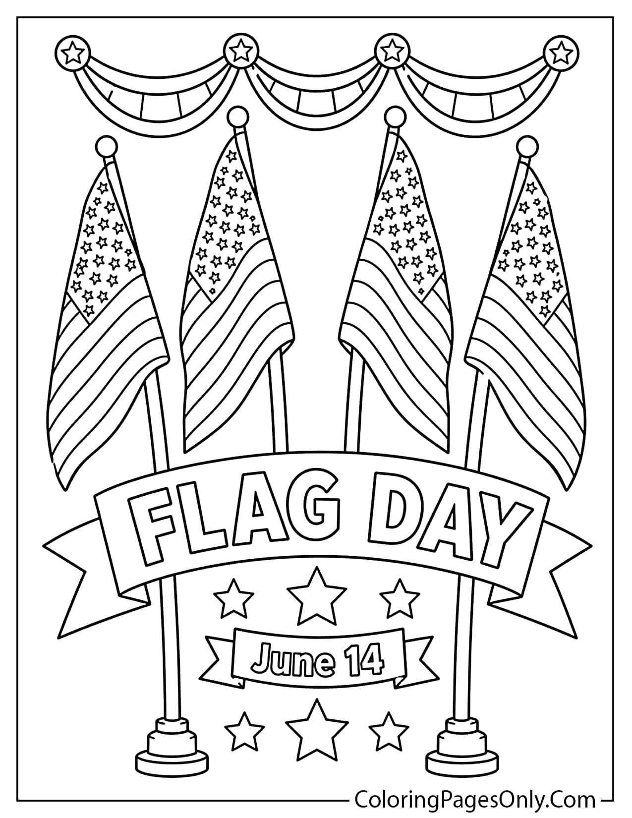 Four American flags in patriotic arrangement with bunting for Flag Day coloring page from Flag Day