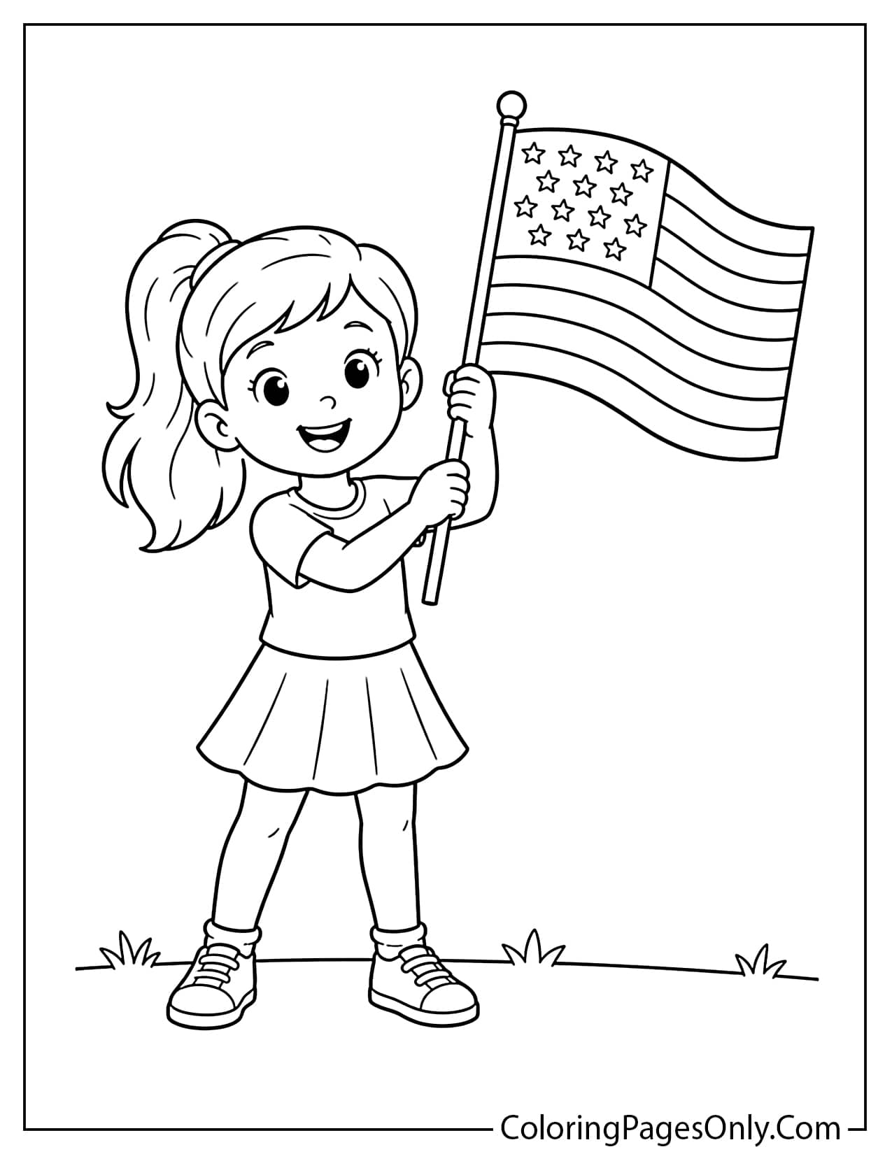 Young girl smiling and waving American flag for Flag Day coloring page from Flag Day