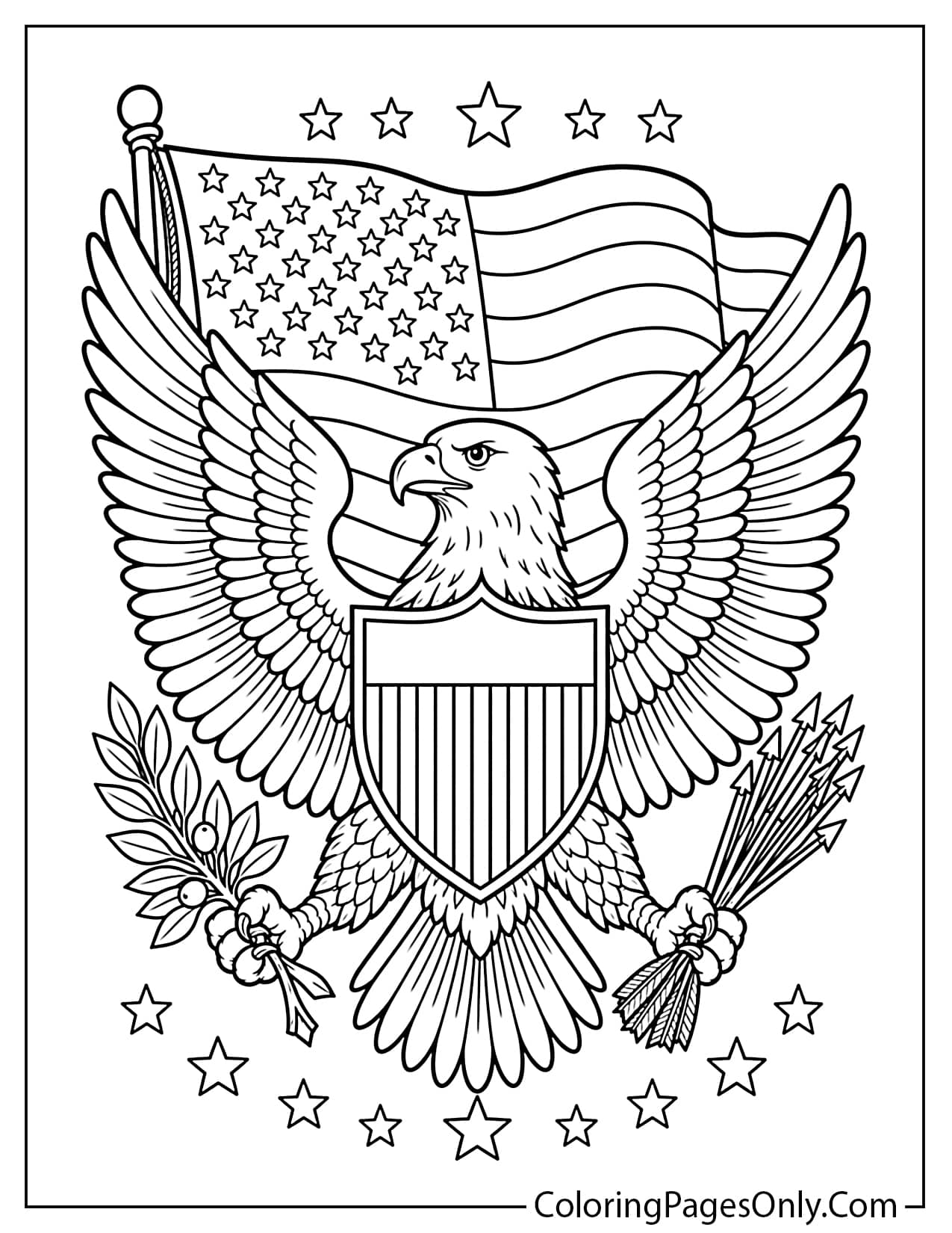 Bald eagle with shield and American flag inspired by the Great Seal for Flag Day coloring page from Flag Day