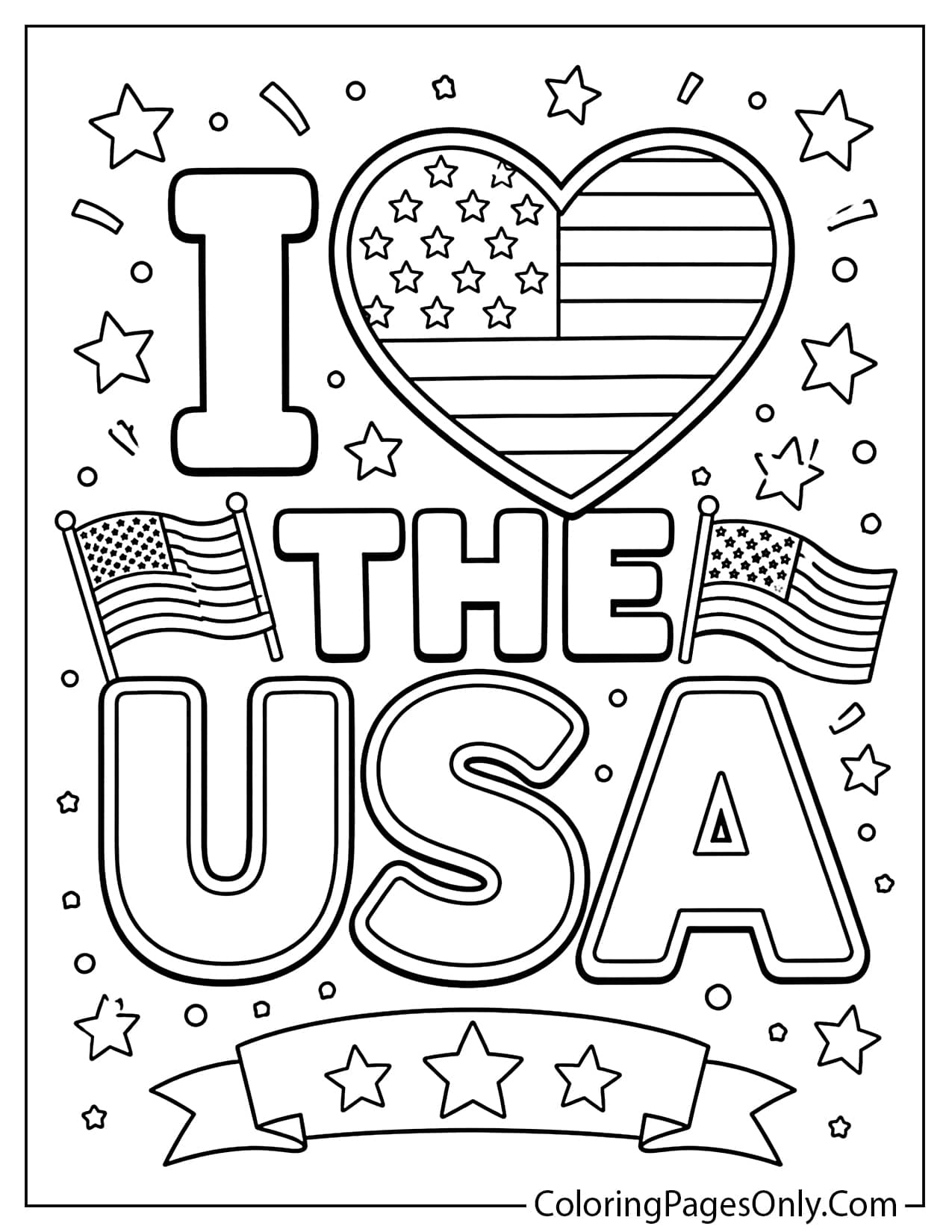 I Love the USA text with American flag heart design for Flag Day coloring page from Flag Day