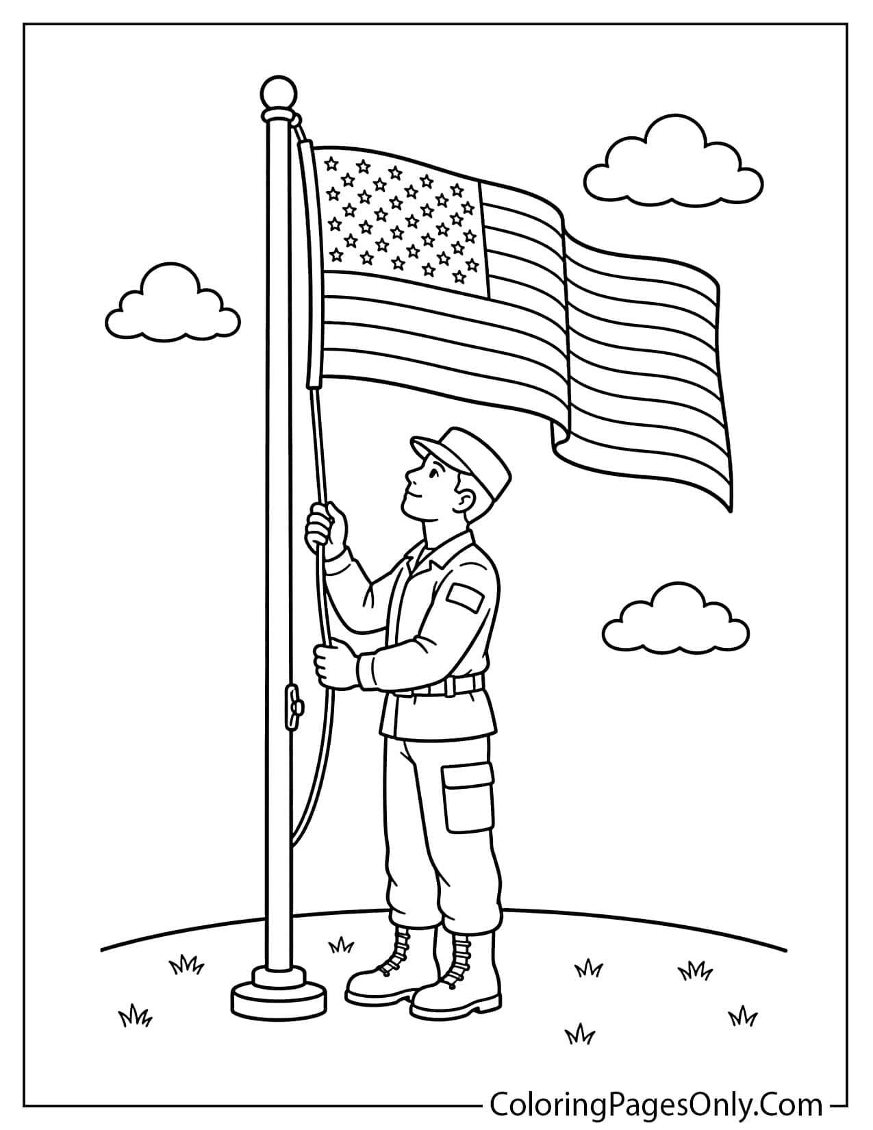 US soldier in uniform raising American flag for Flag Day coloring page from Flag Day