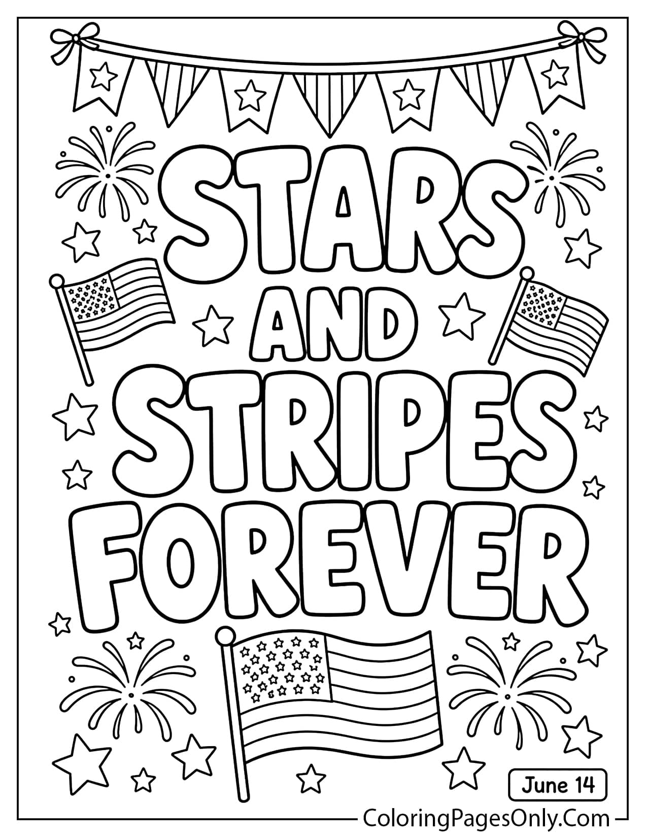 Stars and Stripes Forever patriotic text design with American flag decoration for Flag Day coloring page from Flag Day