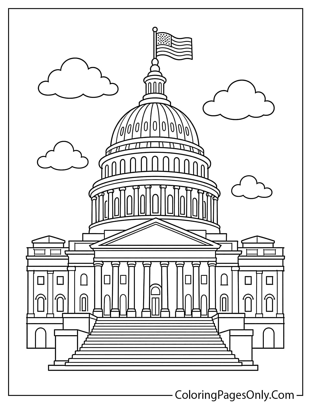 United States Capitol building dome with American flag flying on top for Flag Day coloring page from Flag Day