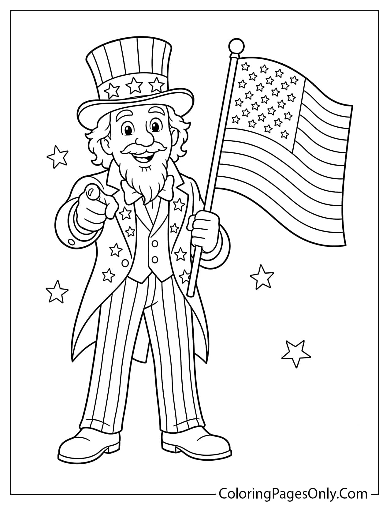 Uncle Sam in patriotic top hat and tailcoat holding American flag for Flag Day coloring page from Flag Day