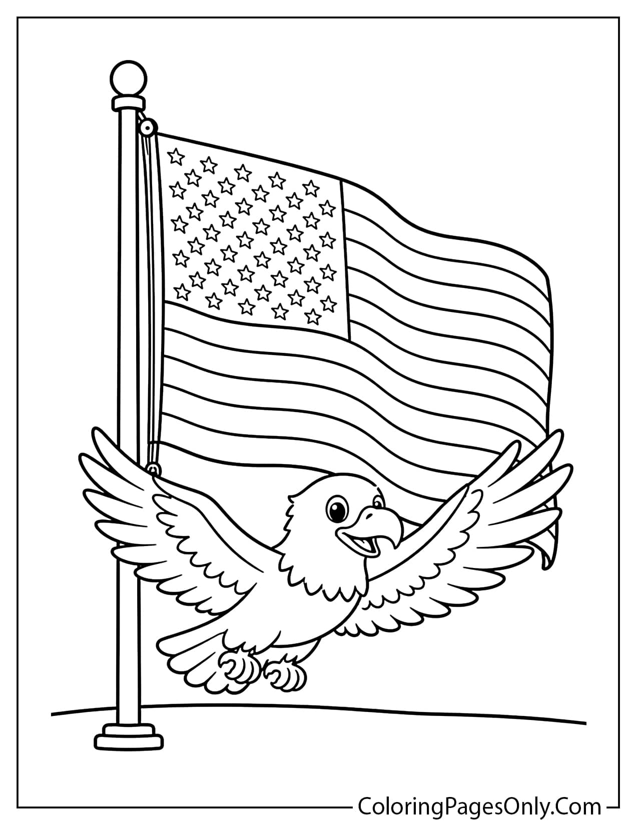 American flag waving in the wind on flagpole for Flag Day coloring page from Flag Day