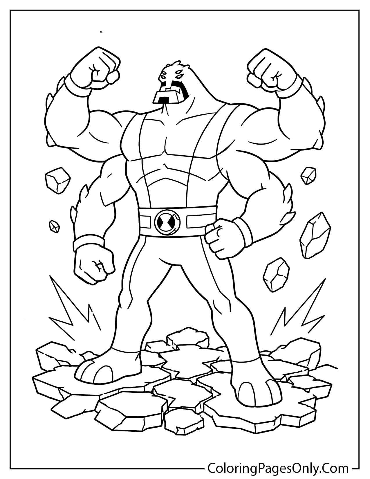 Four Arms Ben 10 coloring page featuring the strong four-armed alien in an action pose from Ben 10