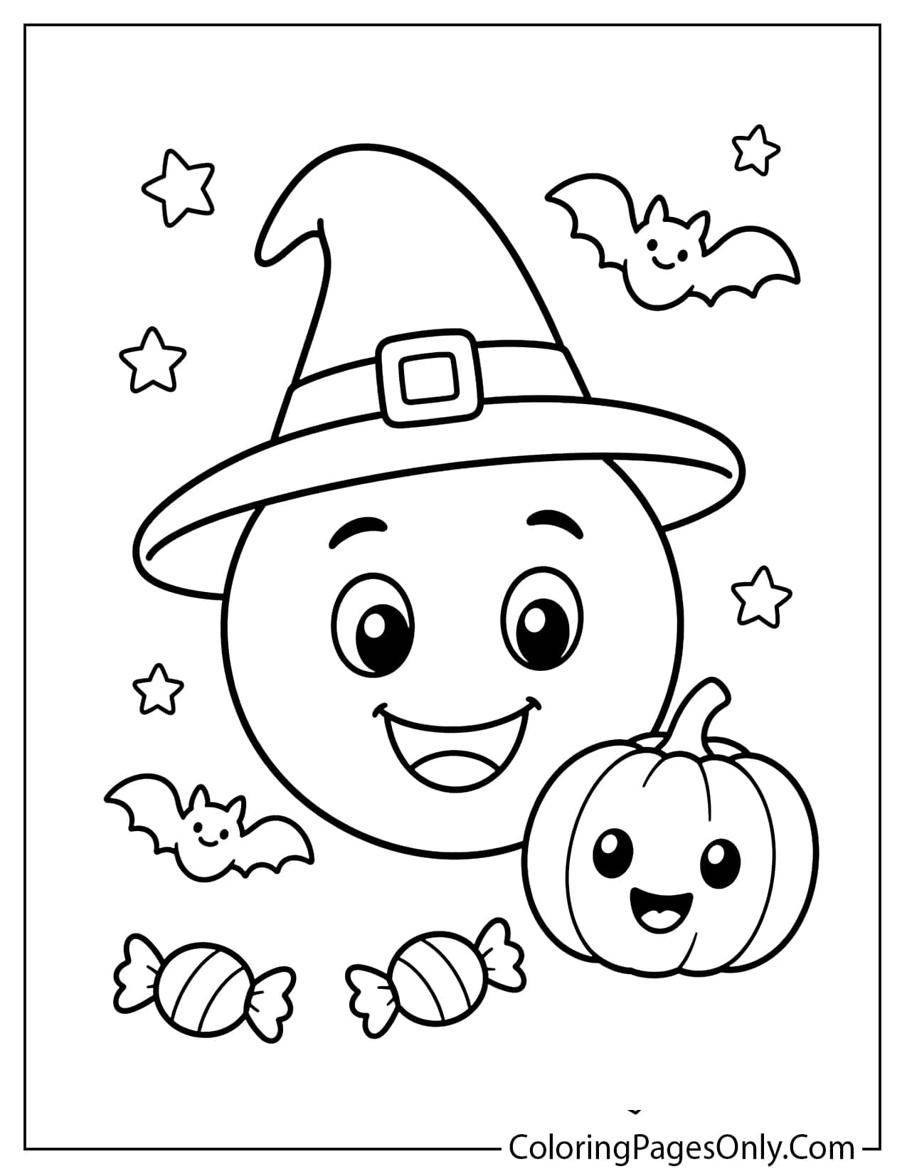 Halloween emoji coloring page with a pumpkin and a cute spooky face from Emoji