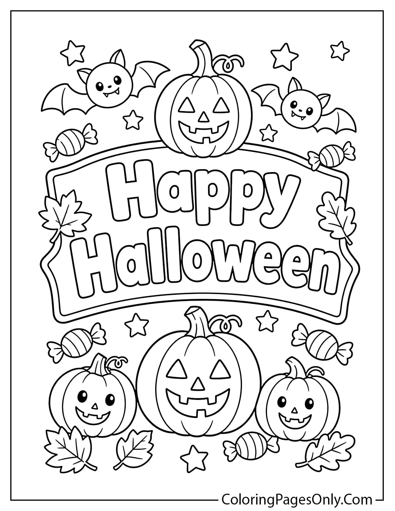 Happy Halloween banner coloring page with pumpkins, bats, and stars from Cute Halloween