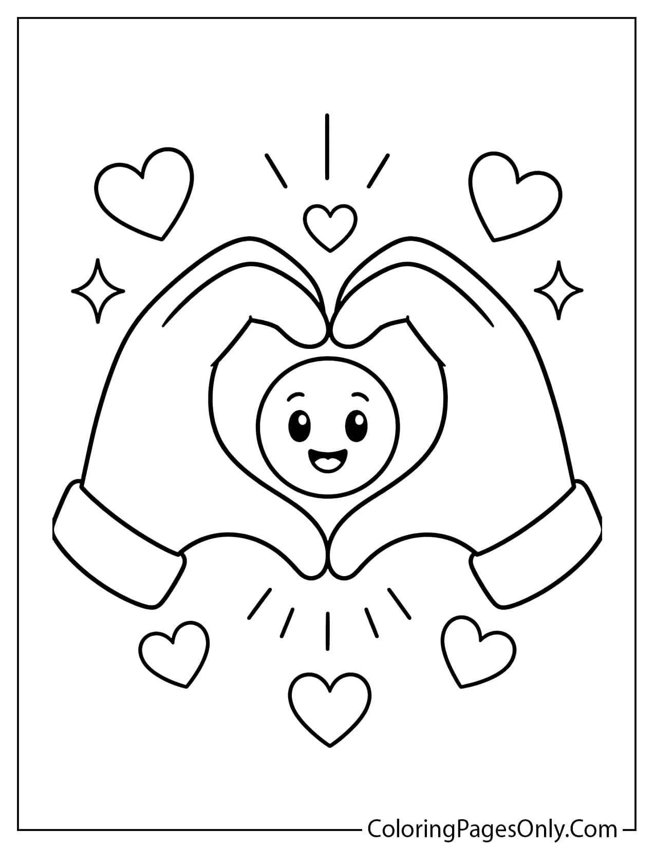 Heart hands emoji coloring page with two hands forming a heart shape from Emoji