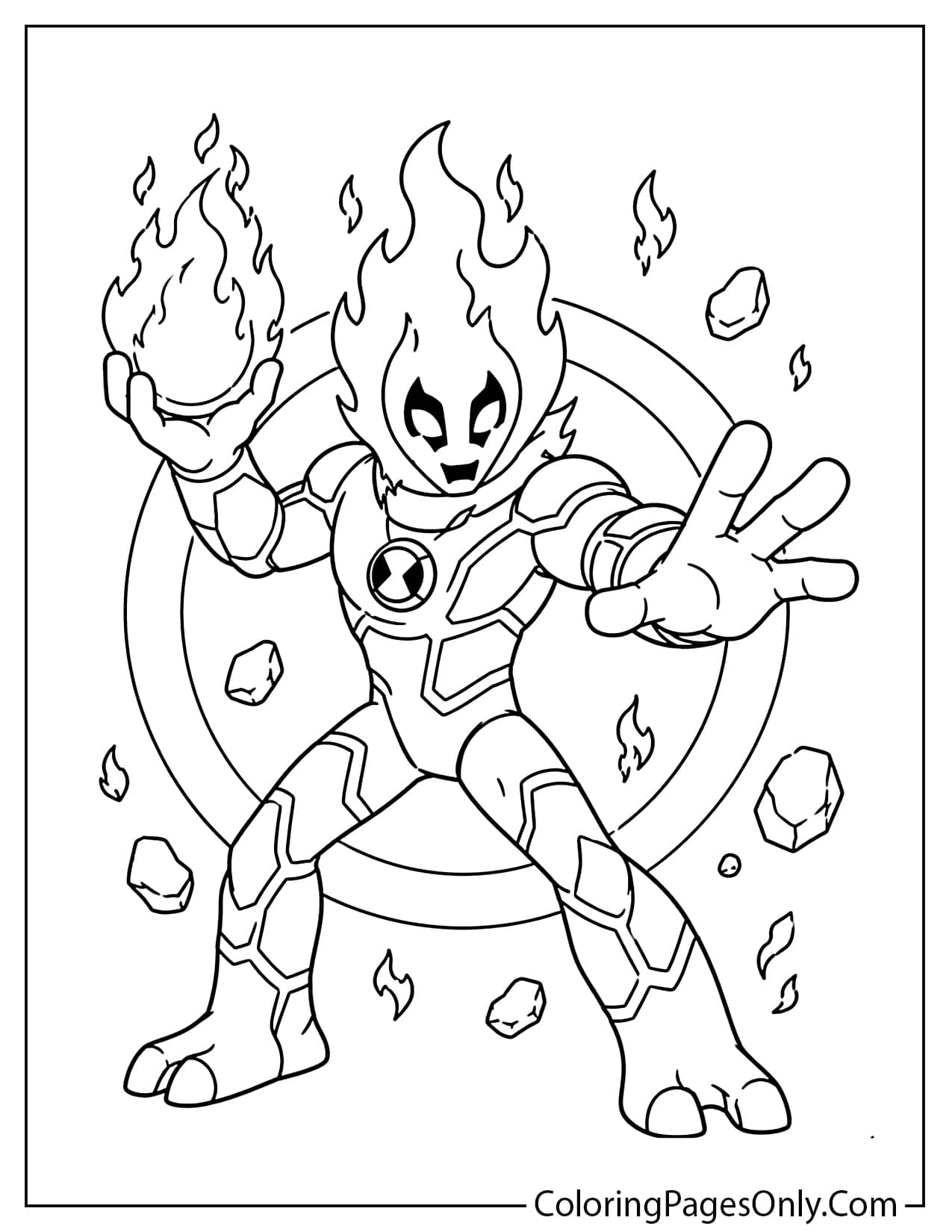 Heatblast Ben 10 coloring page with fire powers, flame head, and bold outlines for kids from Ben 10