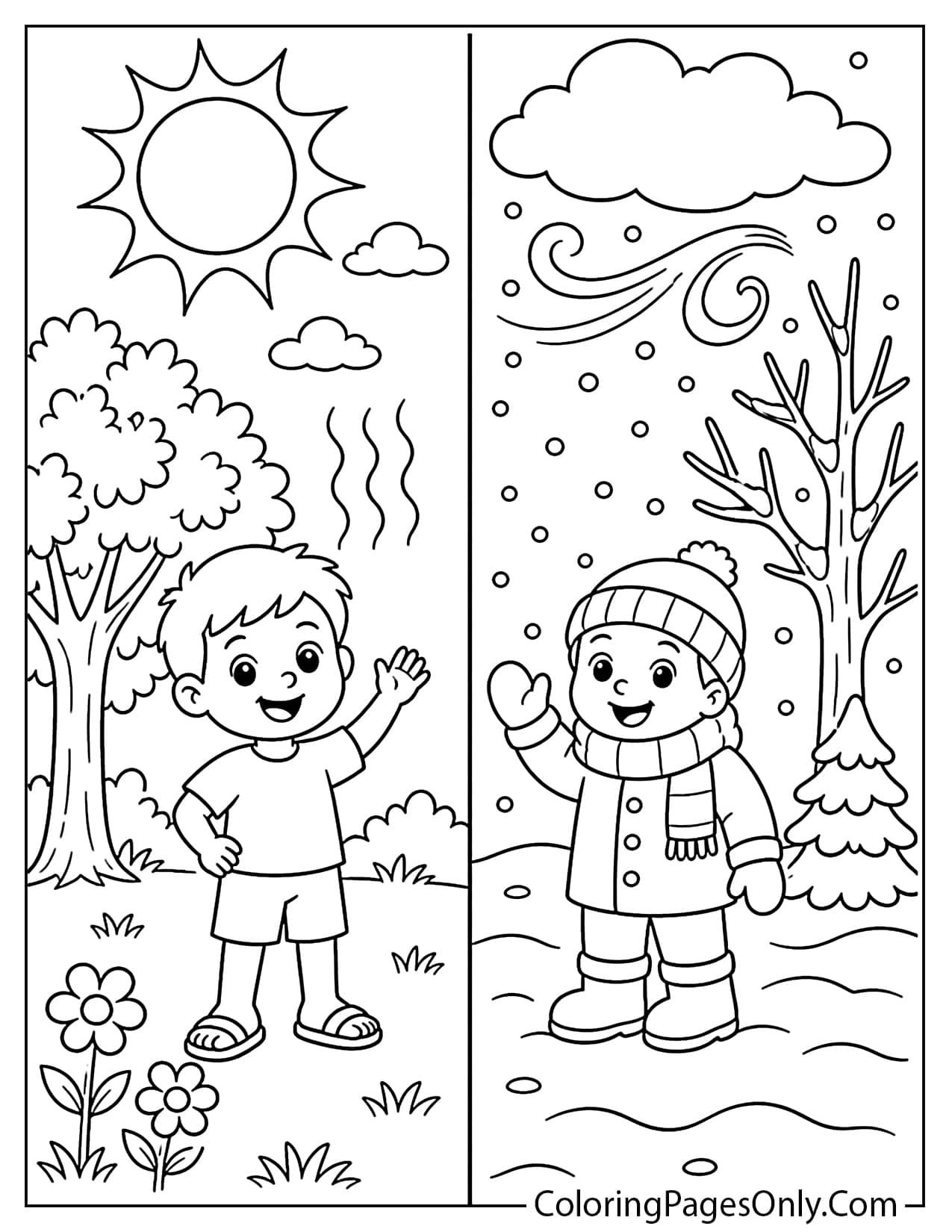Hot And Cold Weather Coloring Page With Summer And Winter Scenes from Weather