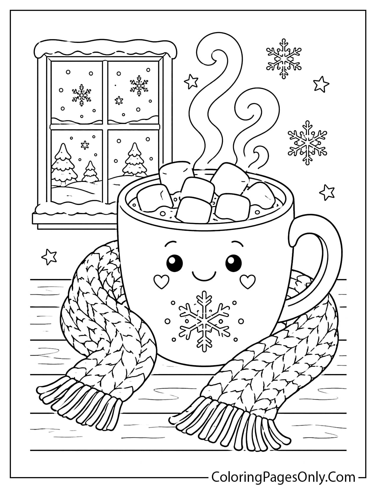 Cup Of Hot Cocoa With Marshmallows, Steam, Snowflakes, And A Cozy Winter Window Coloring Page For Kids from Winter