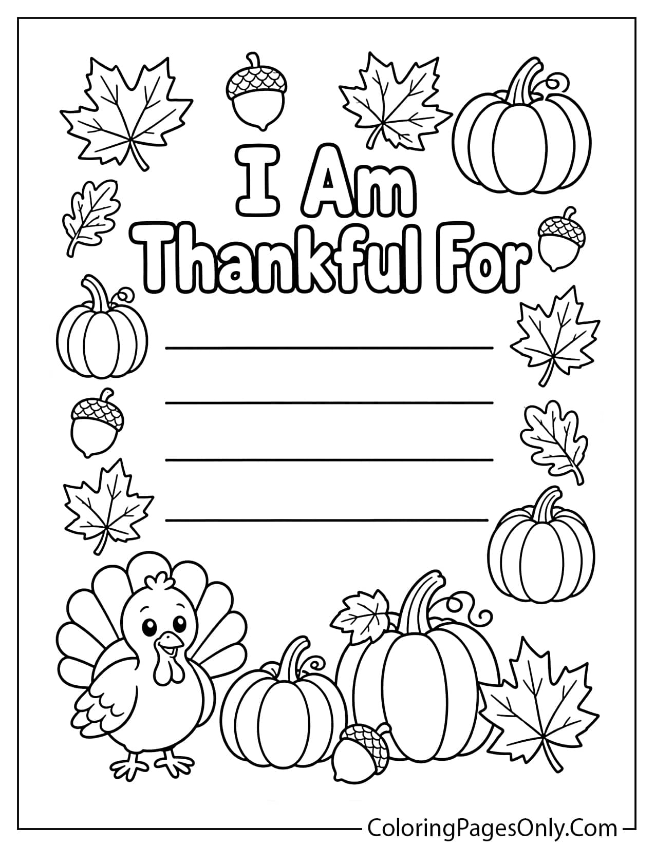 I am thankful for Thanksgiving fill in the blank coloring worksheet with turkey decoration for kids from Thanksgiving