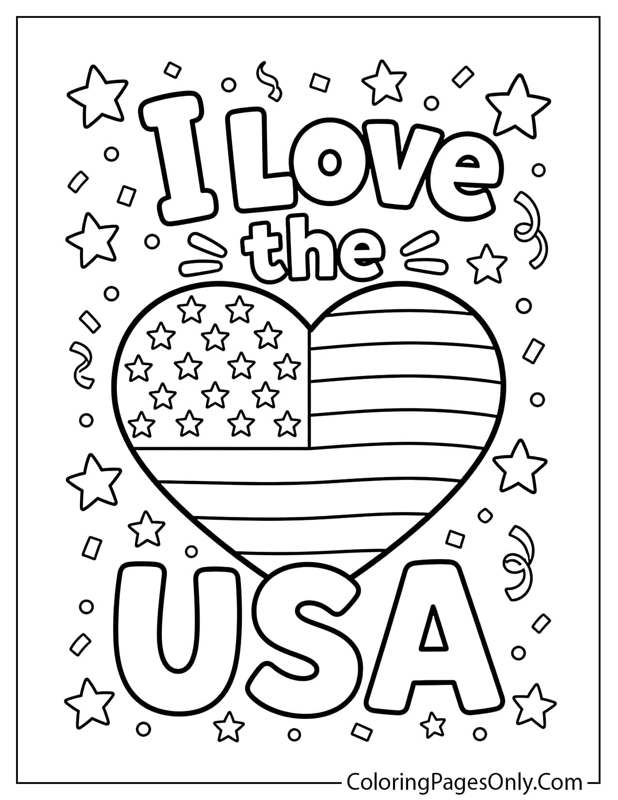 I Love the USA American flag coloring page with patriotic heart design from American Flag