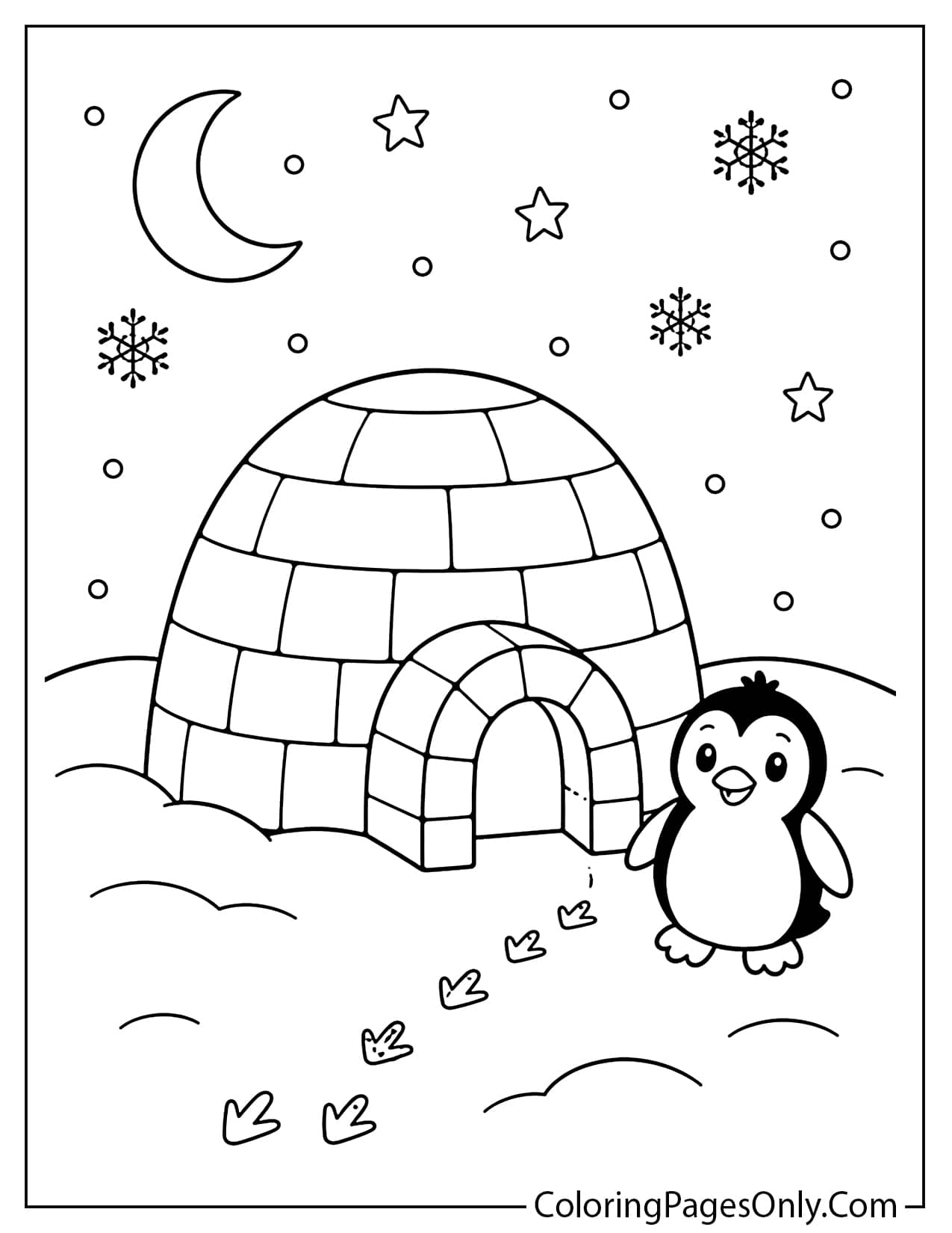 Igloo In A Snowy Winter Landscape With Footprints, Stars, And Falling Snow Coloring Page For Kids from Winter