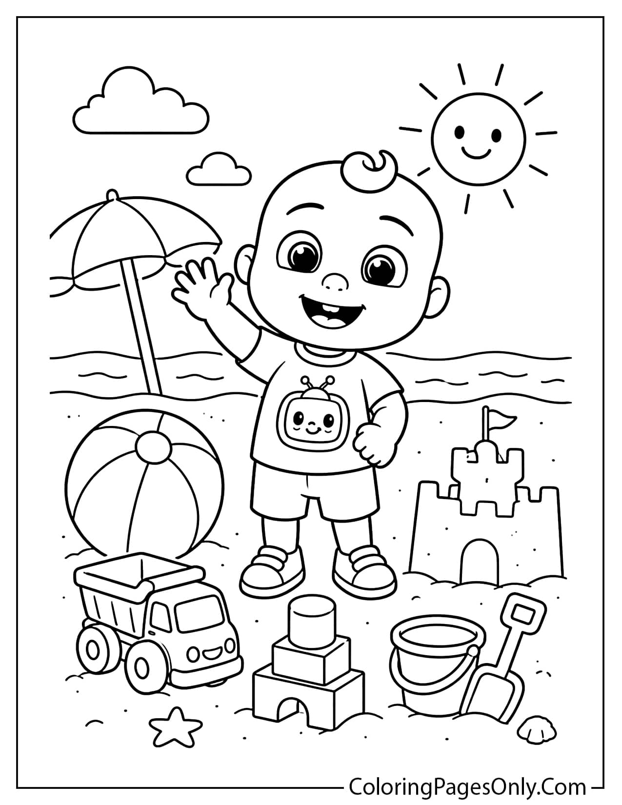 JJ Cocomelon coloring page for toddlers with a smiling pose, playful toys, and simple outlines from Cocomelon