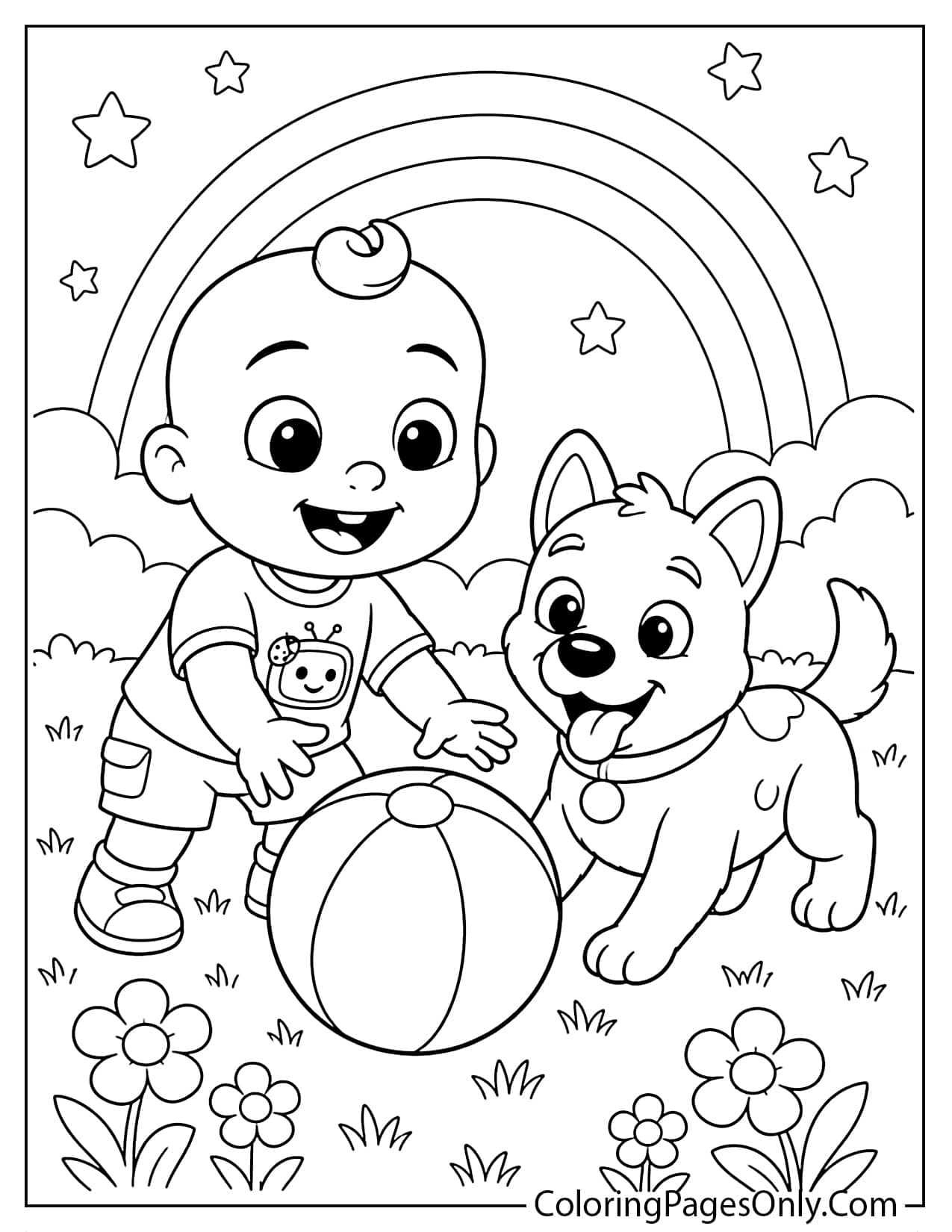 JJ and Bingo Cocomelon coloring page with the cute family dog, a ball, and playful outdoor details from Cocomelon