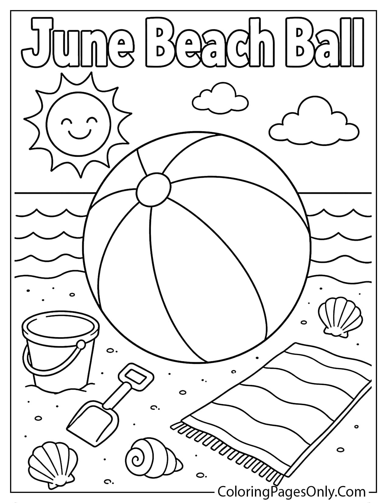 June beach ball coloring page with beach ball sand waves shells and summer sun from June