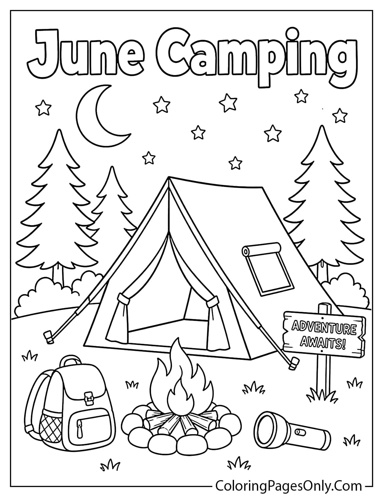 June camping coloring page with tent campfire trees moon and summer night from June