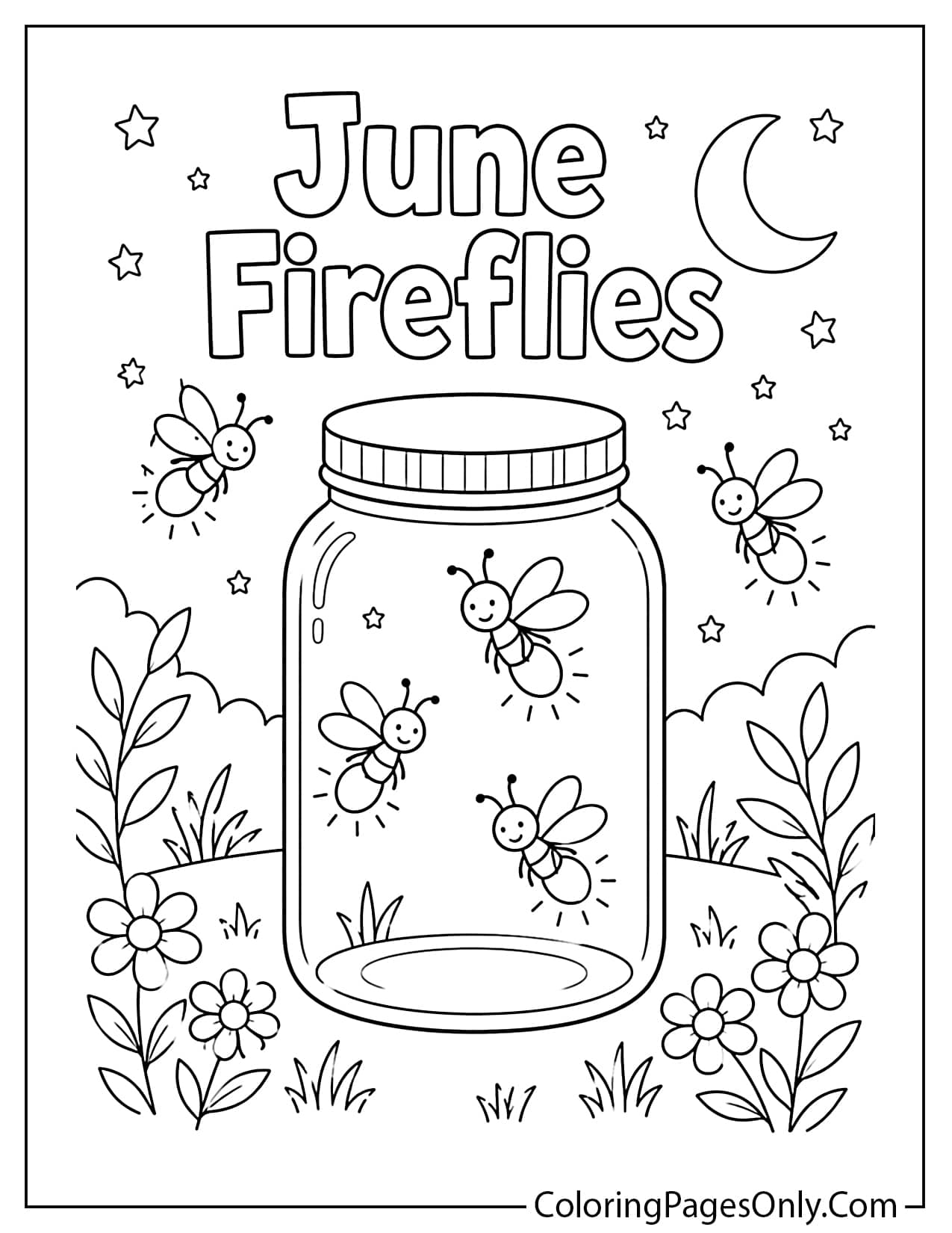 June fireflies coloring page with fireflies in jar moon stars and summer night from June