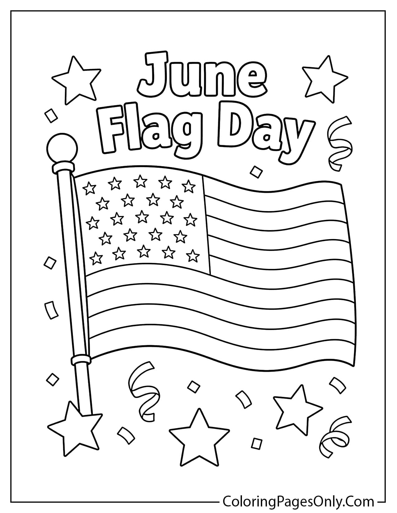 June Flag Day coloring page with American flag stars and patriotic decorations from June