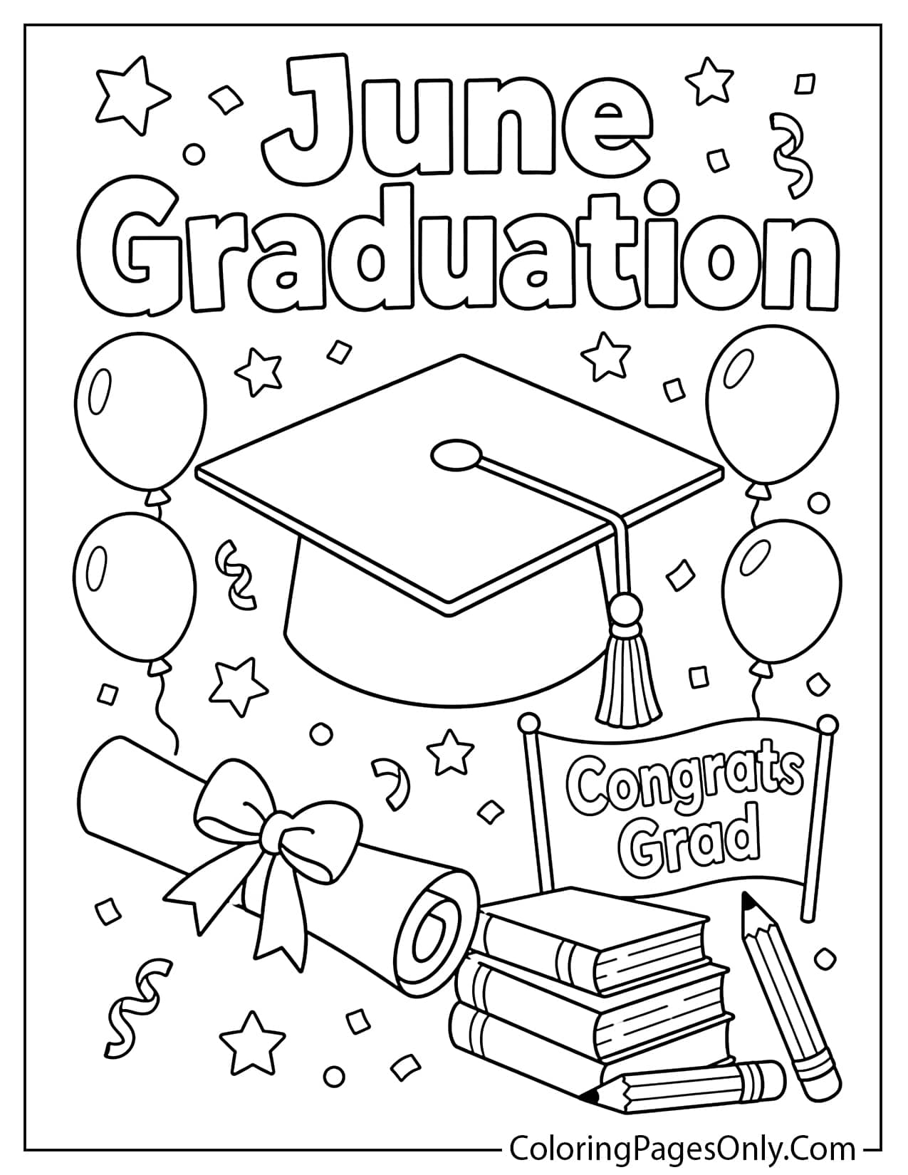 June graduation coloring page with graduation cap diploma balloons and stars from June