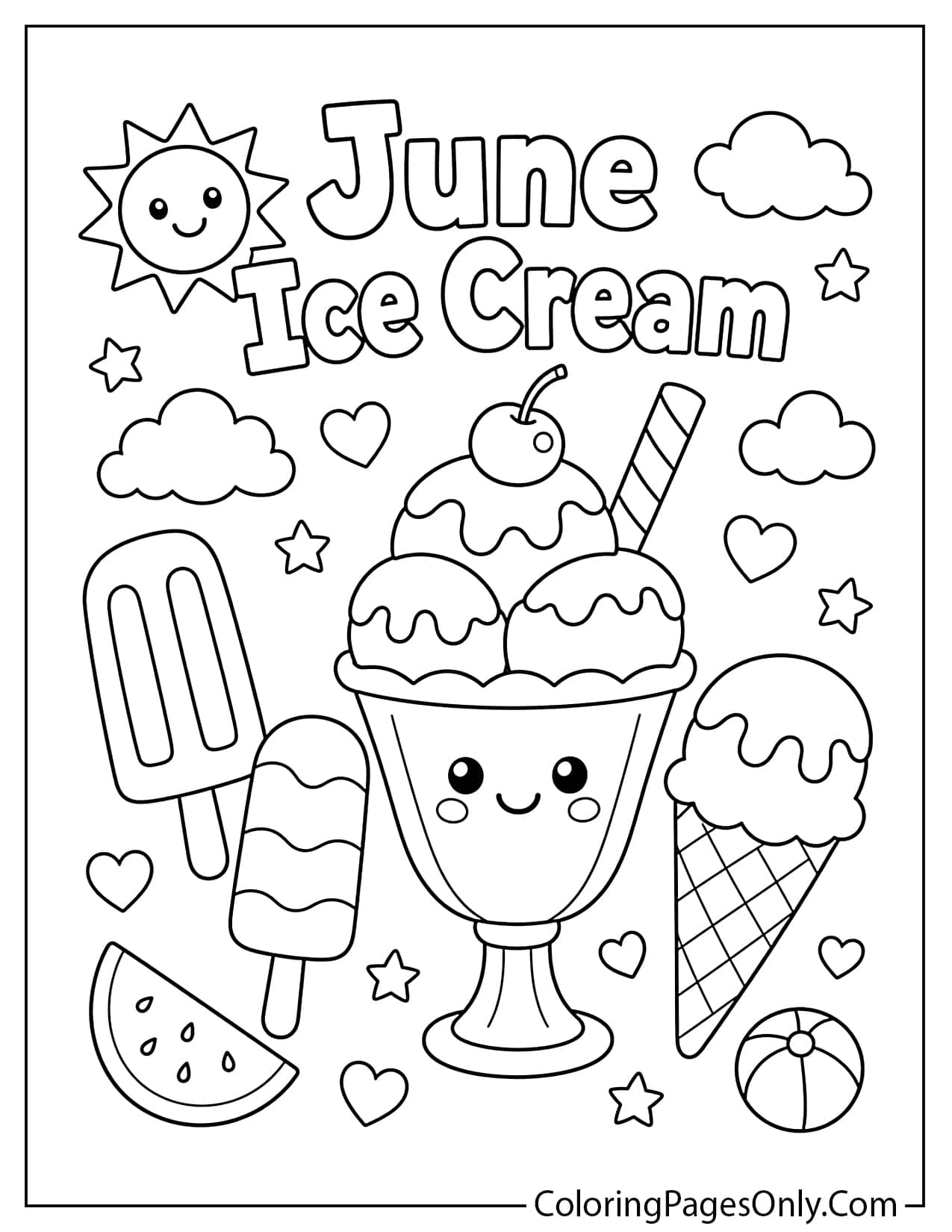 June ice cream coloring page with ice cream cones popsicles sunshine and summer treats from June