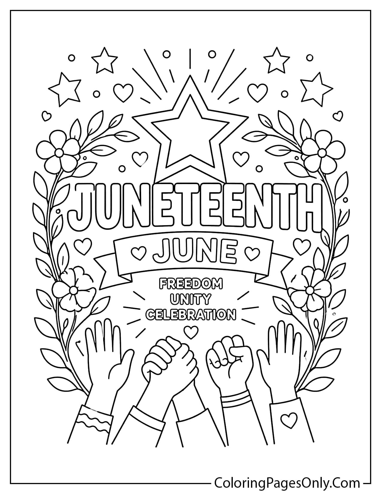 Juneteenth June coloring page with stars flowers unity hands and celebration design from June