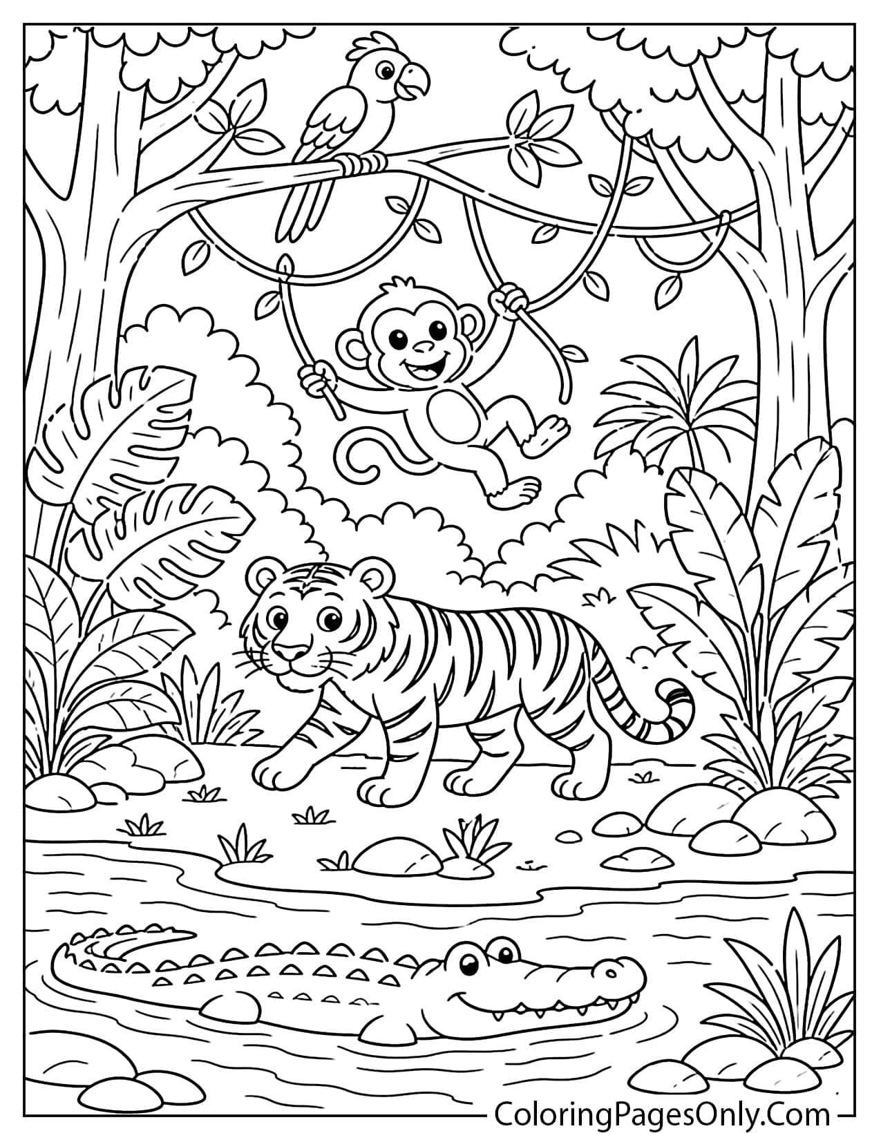 Jungle Animals Habitat Coloring Page For Kids from Jungle