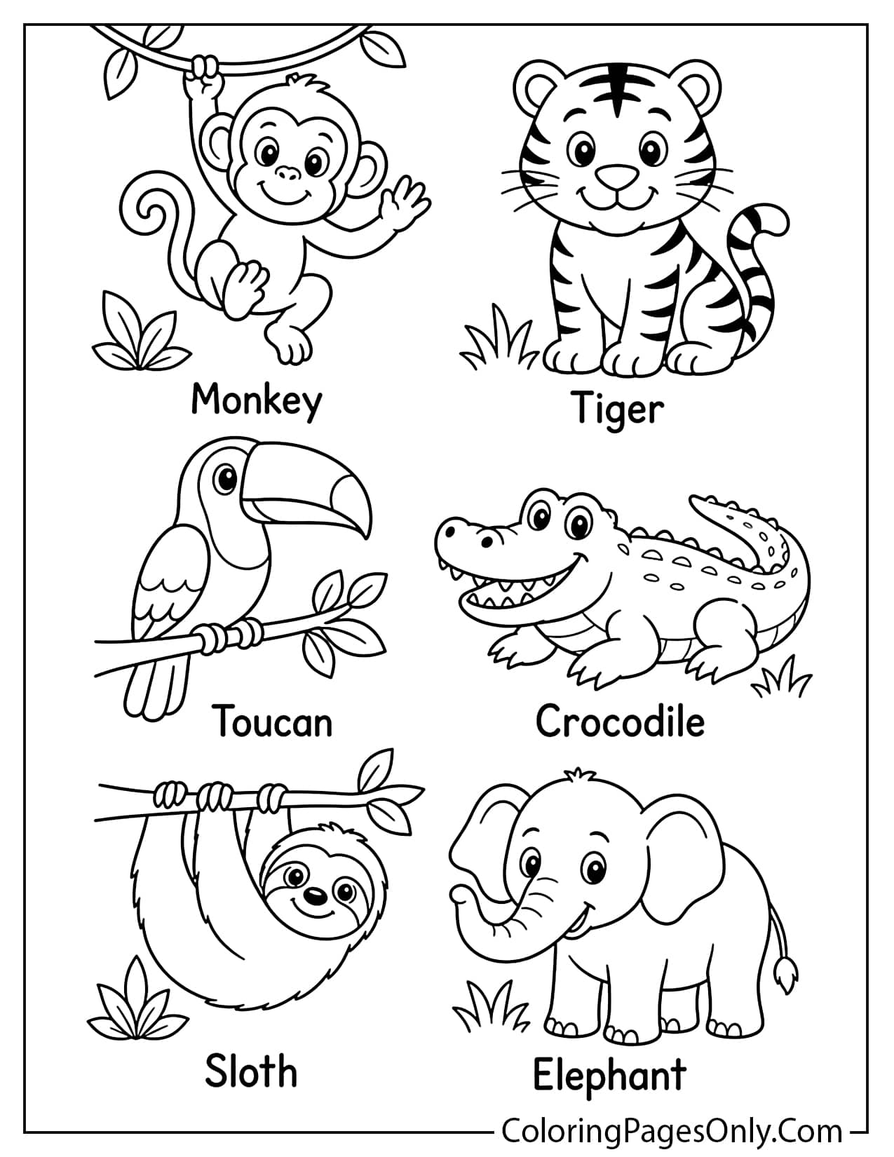 Jungle Animals With Names Coloring Page For Kids from Jungle