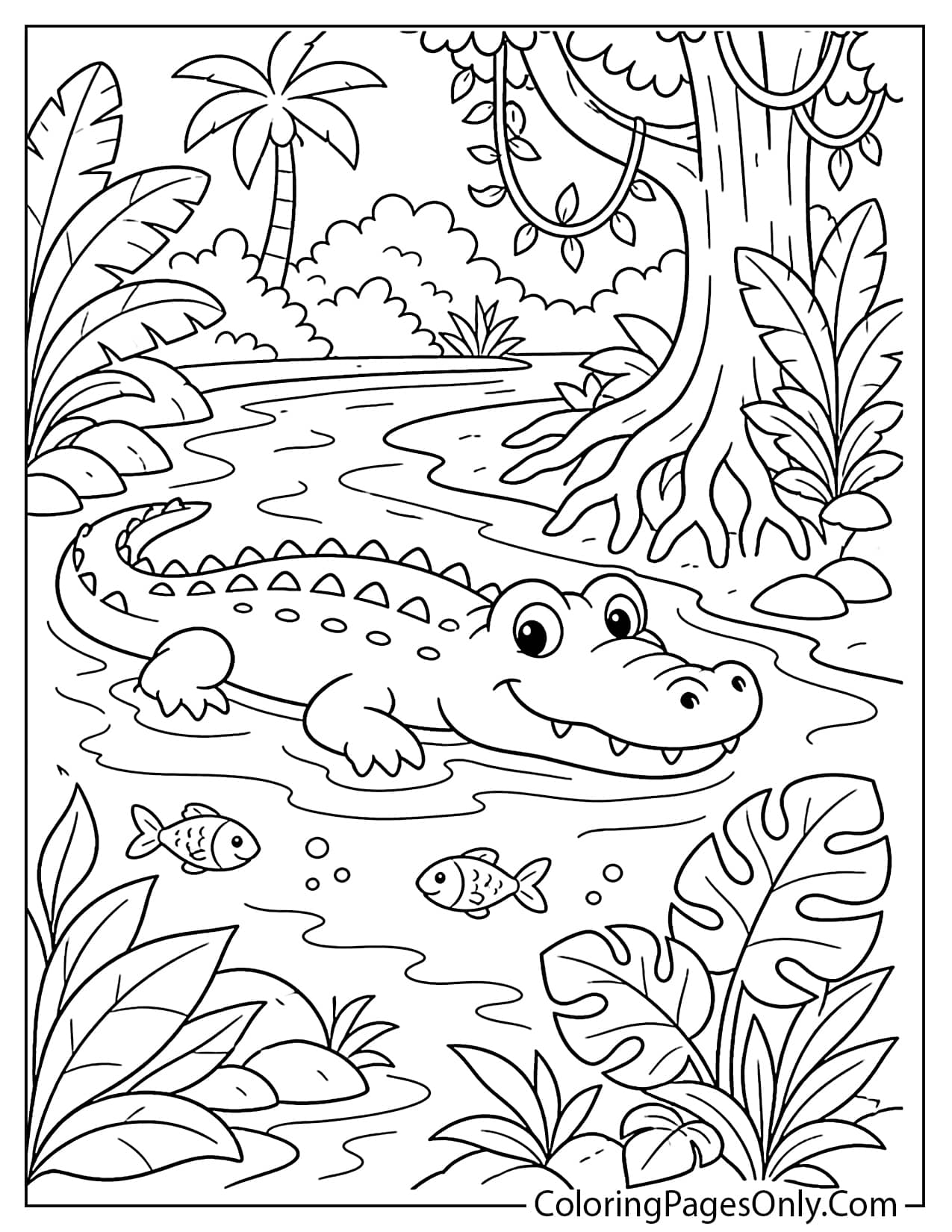 Jungle River With Crocodile Coloring Page from Jungle