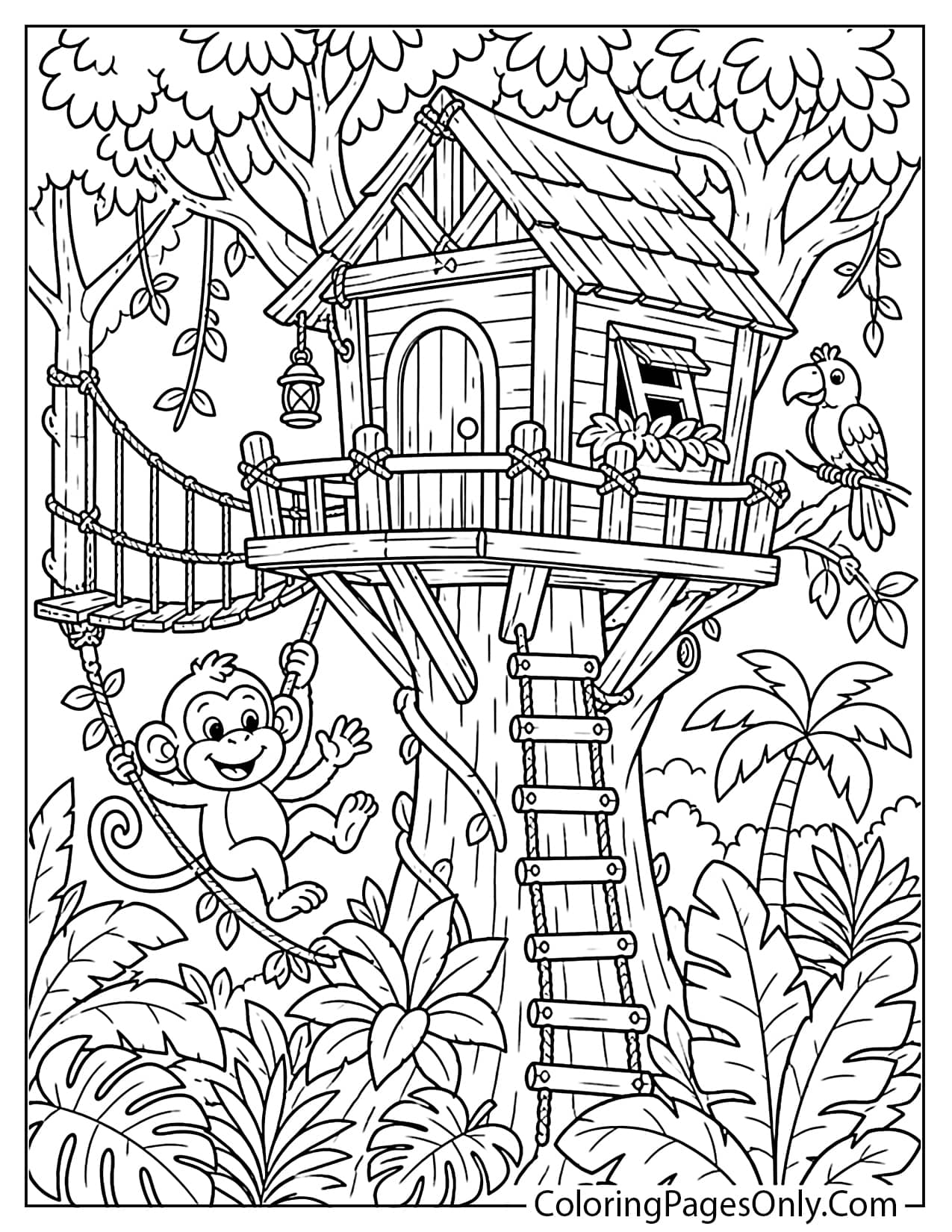 Jungle Treehouse Coloring Page For Kids from Jungle