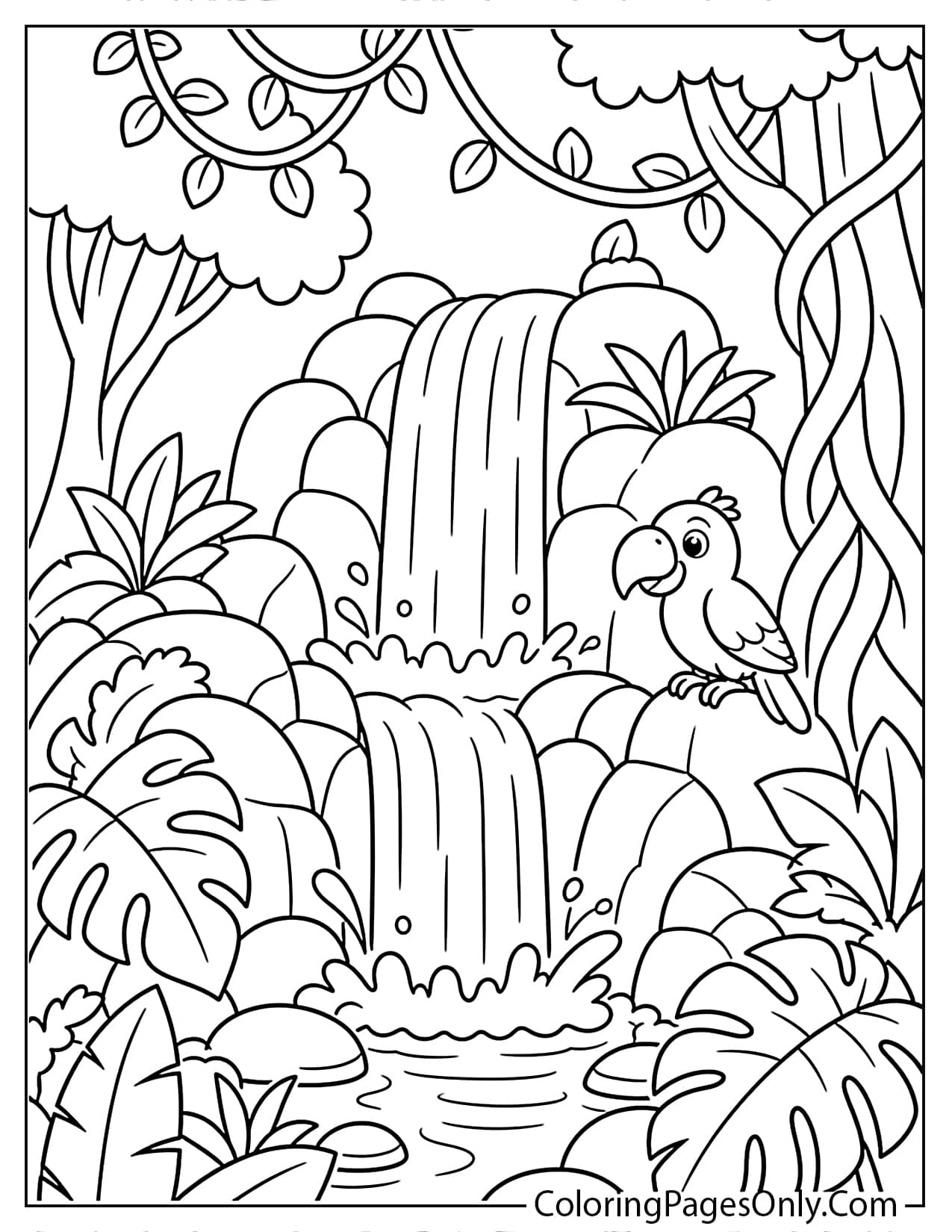 Jungle Waterfall Coloring Page Printable from Jungle