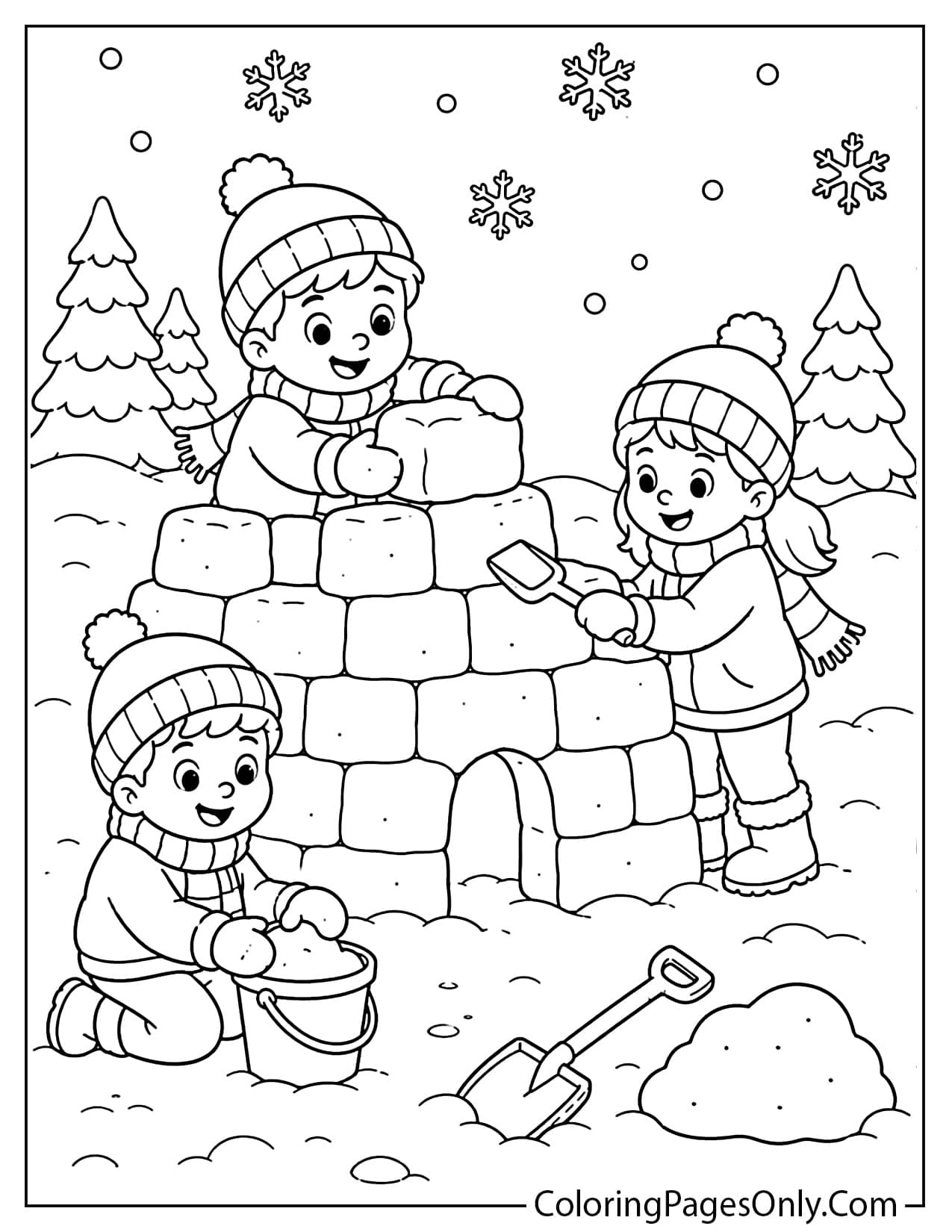 Children Building A Snow Fort With Buckets, Shovels, Snowballs, And Winter Clothes Coloring Page For Kids from Winter
