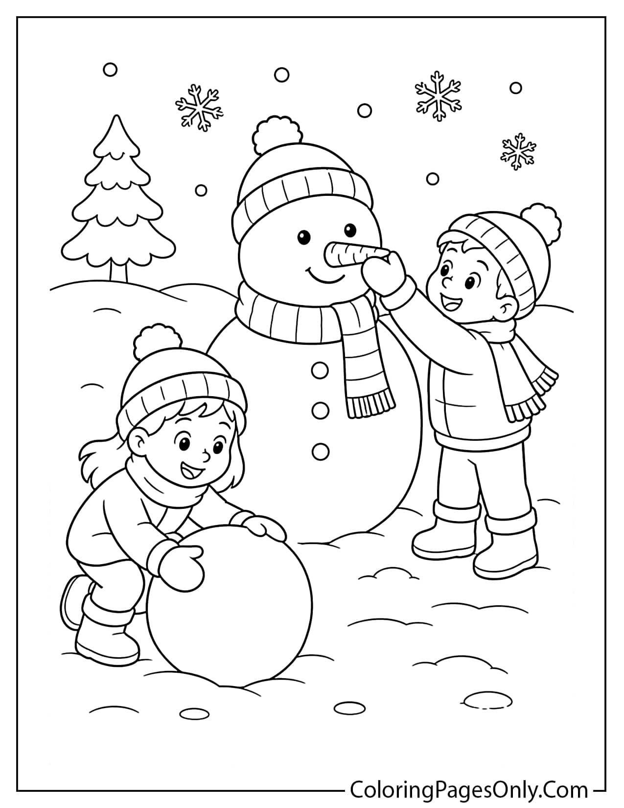 Kids Building A Snowman Coloring Page With Children Rolling Snowballs from Snowman