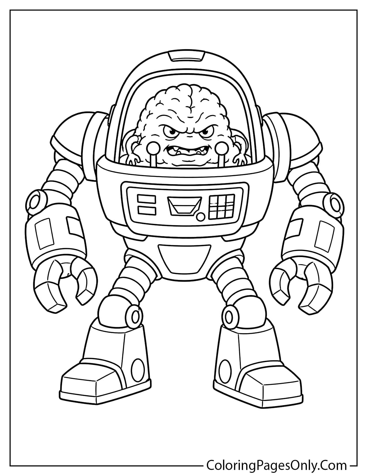 Krang coloring page with the villain inside a robot suit and bold printable outlines from Ninja Turtles
